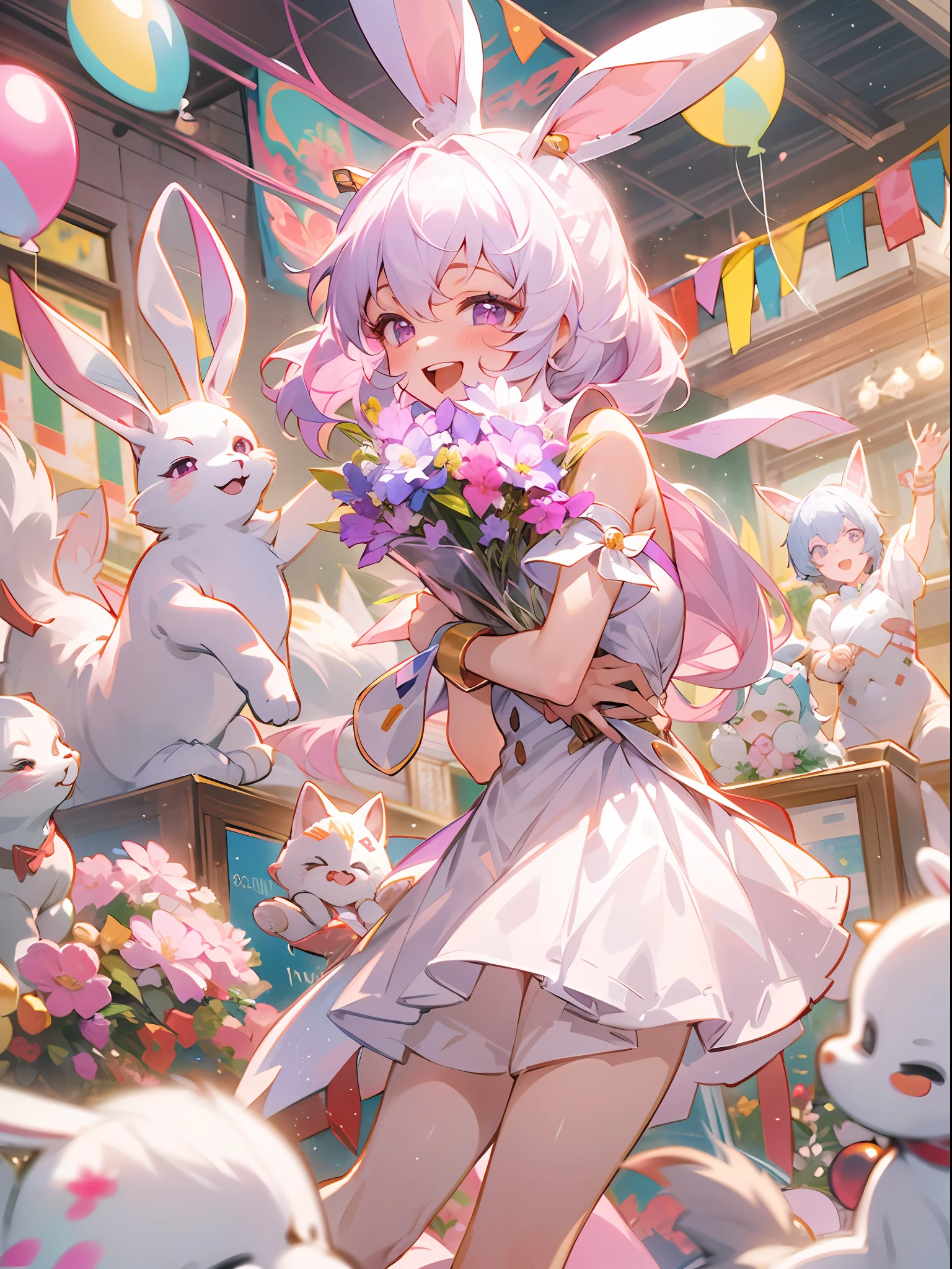1girl, beautiful eye, smile, celebratory bunny girl Ayanami Rei, joyful and blessed expression, thin eyebrows, pink and white bunny suit, short, wavy light purple hair in a wolf cut, bright purple eyes, pose holding a bouquet of flowers in both hands, short fluffy bunny tail, long bunny ears with a bow, background of a bright indoor party, cheerful party balloons, pink high heels, white stockings, cuffs and collar perfectly in place, hands gently cradling a bouquet of vibrant flowers, warm indoor lighting casting soft shadows, her gaze full of genuine joy, party decorations in the background, sound of laughter and merriment filling the air, her figure framed by the festive atmosphere, a radiant smile that lights up her face, hint of joy and excitement in her stance, her eyes sparkling with happiness, the flowers in her hands a pop of color against her bunny suit, atmosphere of pure celebration and joy, her figure standing out amidst the celebration, the focus of everyone's well-wishes and blessings, an image of pure jubilation and celebration, a picture of the joyous side of life, welcoming the festive spirit with open arms, her radiance matching the cheerful atmosphere, her happy demeanor contagious, a beautiful moment of joy and celebration,