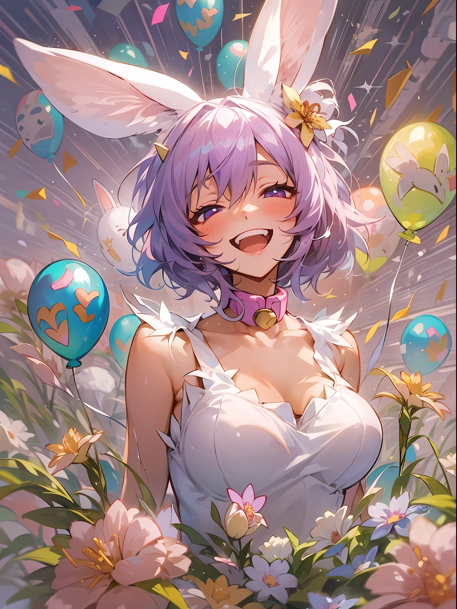 1girl, beautiful eye, smile, celebratory bunny girl Ayanami Rei, joyful and blessed expression, thin eyebrows, pink and white bunny suit, short, wavy light purple hair in a wolf cut, bright purple eyes, pose holding a bouquet of flowers in both hands, short fluffy bunny tail, long bunny ears with a bow, background of a bright indoor party, cheerful party balloons, pink high heels, white stockings, cuffs and collar perfectly in place, hands gently cradling a bouquet of vibrant flowers, warm indoor lighting casting soft shadows, her gaze full of genuine joy, party decorations in the background, sound of laughter and merriment filling the air, her figure framed by the festive atmosphere, a radiant smile that lights up her face, hint of joy and excitement in her stance, her eyes sparkling with happiness, the flowers in her hands a pop of color against her bunny suit, atmosphere of pure celebration and joy, her figure standing out amidst the celebration, the focus of everyone's well-wishes and blessings, an image of pure jubilation and celebration, a picture of the joyous side of life, welcoming the festive spirit with open arms, her radiance matching the cheerful atmosphere, her happy demeanor contagious, a beautiful moment of joy and celebration,