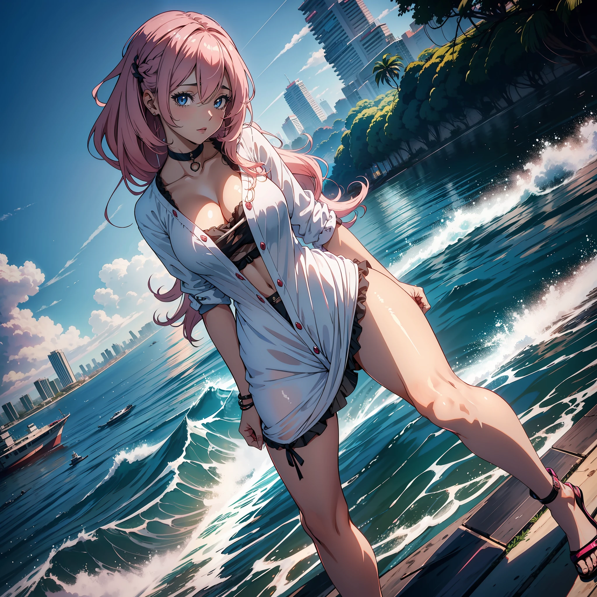 "(mulher bonita, sedutora), (cabelo longo e rosa), (olhos azuis), (roupa branca), (estilo anime 8k), (imagem ultra detalhada), (cidade)"