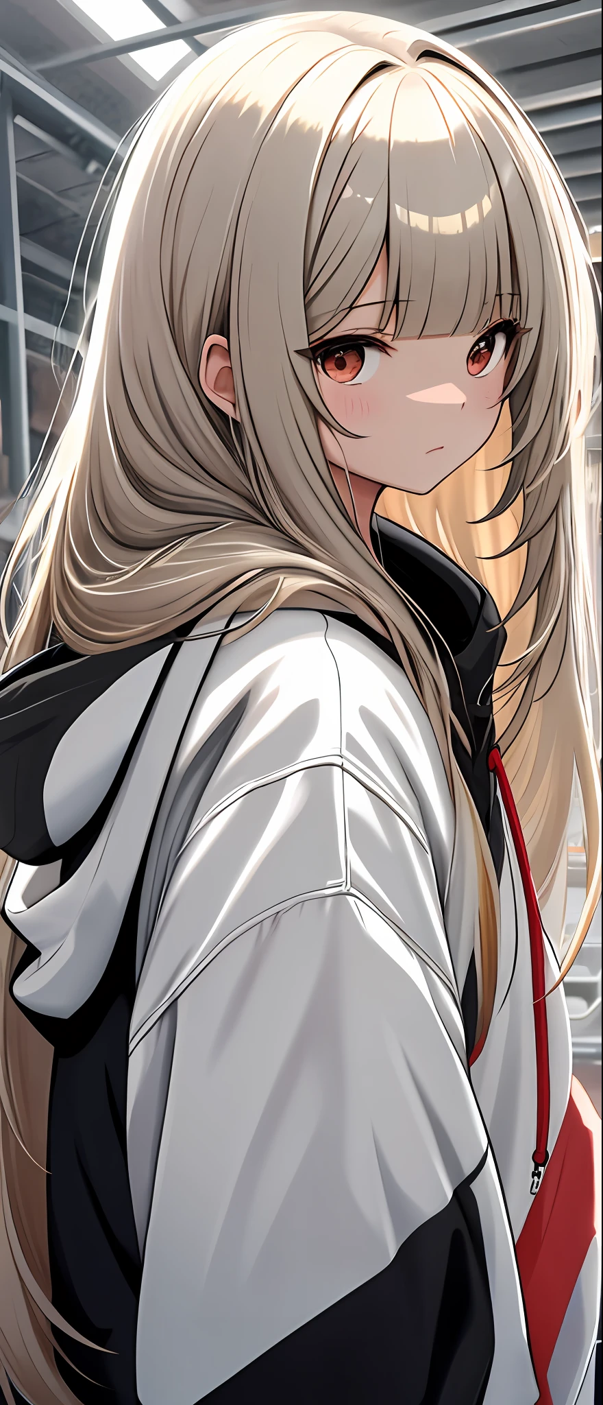 best quality,masterpiece, upper body,Fair skin,blunt bangs,gladient hair,look down on,extremely long hair,spreading hair,ivory hair,little young girl,hoodie