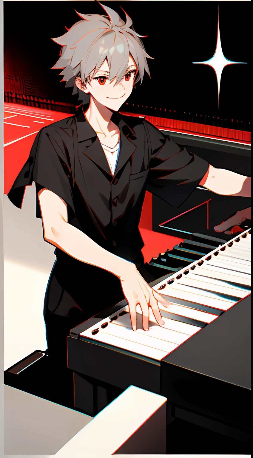 masterpiece,highres,highly detailed,male focus,1boy,solo,red eyes,grey hair,smile,play the piano