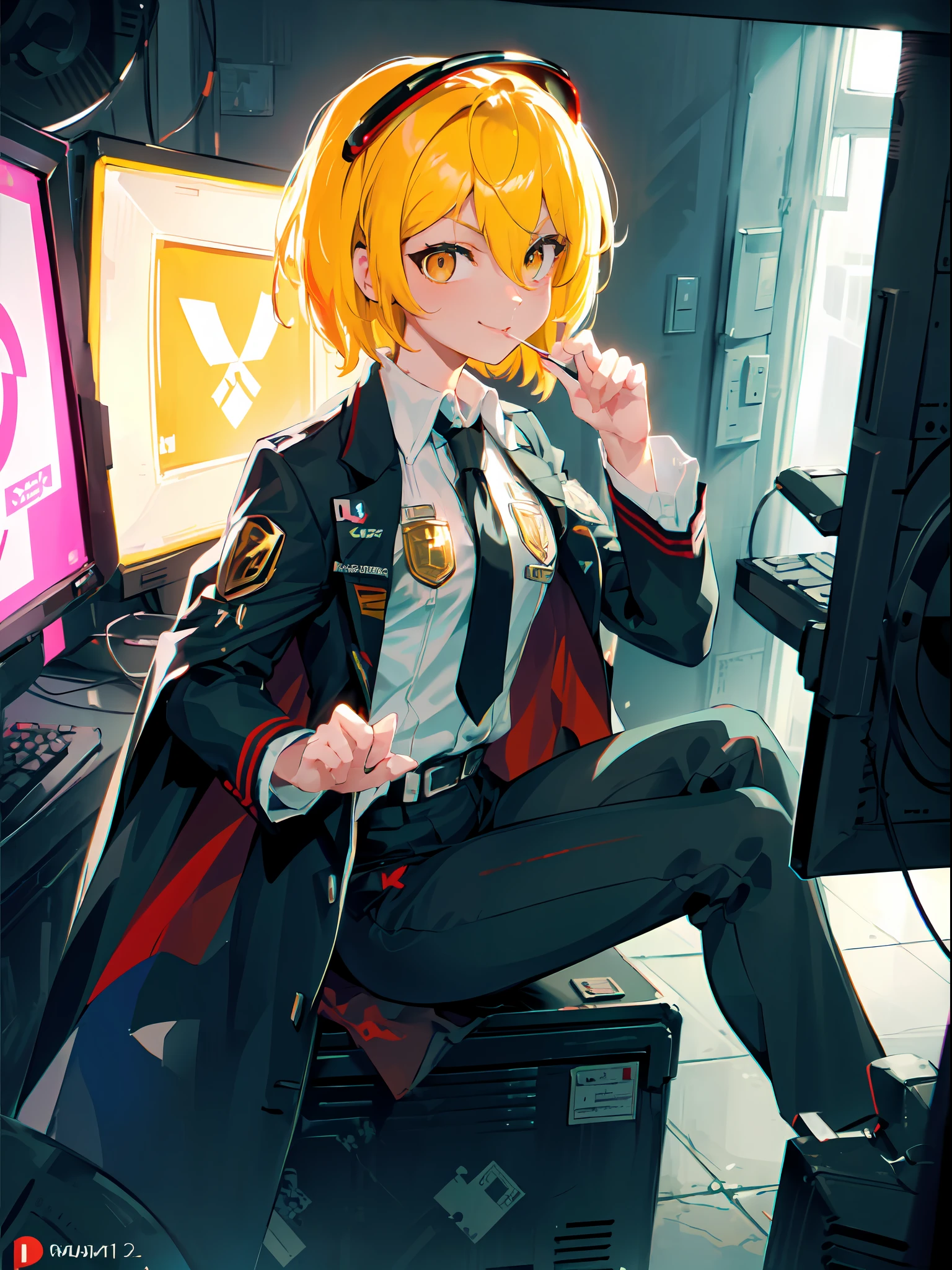 (masterpiece, sidelighting, finely detailed beautiful eyes: 1.2), ((Best quality)), ((masterpiece)), (highly detailed:1.3), 3D,NeonNoir, one girl, solo, small chest, black office pants, side view, beautiful cyberpunk girl, girl is looking in computer, sitting, lollipop in mouth, (wearing head-mounted display that is chunky and hi-tech:1.2),wearing a cape, girl with blonde gair and golden eyes, smug smirk, hacking a computer terminal,PURPLE NEON LIGHT FROM MONITOR, GREEN NEON SIGNS ON THE WALL,