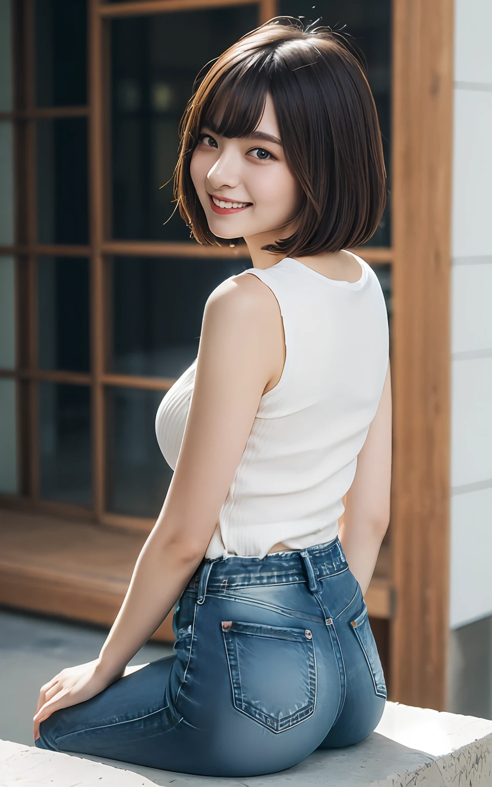 Highly detailed CG Unity 8k wallpaper, top quality, super detailed, masterpiece, realistic, photorealistic, highly detailed cute girl, 25 years old, (Denim short:1.3), (sleeveless white shirt) , smile, parted lips, round eyes, large breasts, viewer, half body shot , street , sitting , bob cut , ass shot