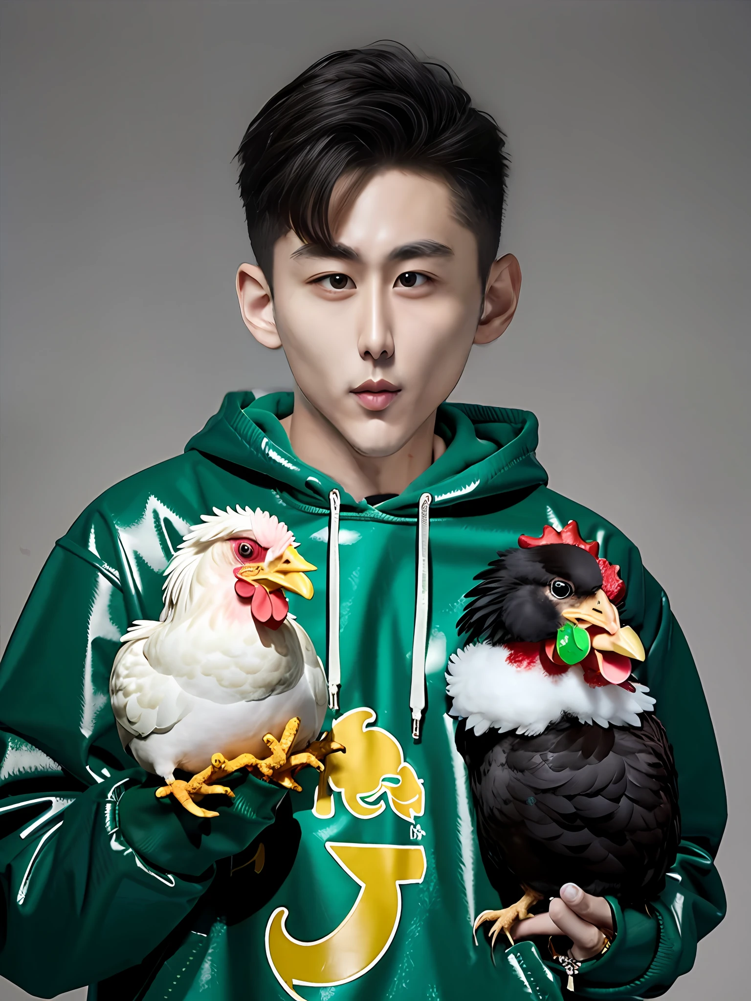 A Chinese male high school student，Wear a green PVC sweatshirt，Holding a chicken doll in his hand，Portray the details