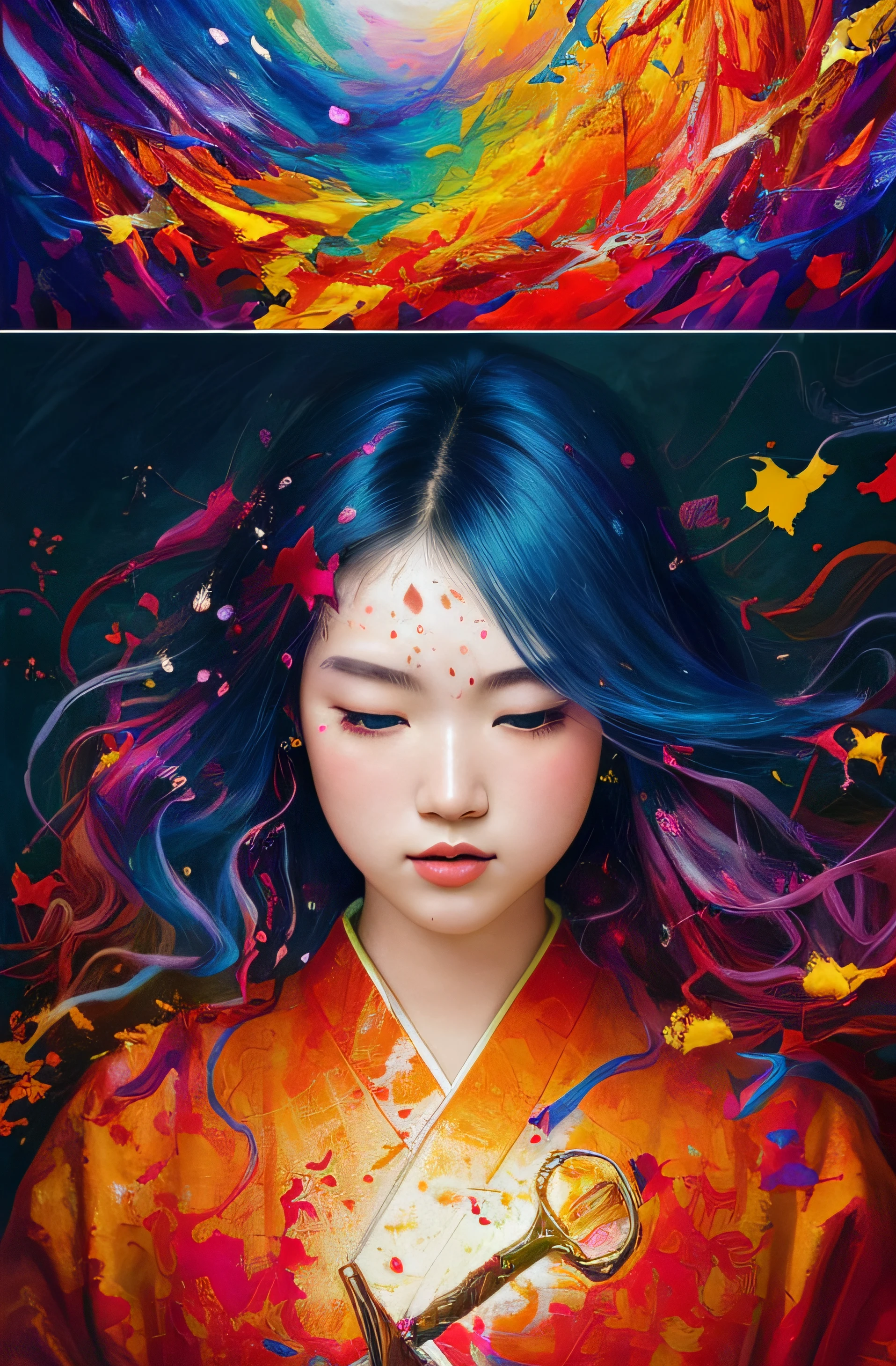 Official Art、unity 8k wall paper、ultra-detailliert、Beautifully Aesthetic、masterpiece、top-quality、(Zentangle、a Mandala、Tangles、Tangles)、(Fractal Art:1.3)、One Girl、ighly detailed、Dynamic angles、Cowboy Shots、The most beautiful forms chaos、elegent、Brutalist design、Vibrant colors、romantism、James Jean、roby dwi antono、by Ross Tran、Francis Bacon、Michal Muratz、Adrian Guyney、petra cortright、Gerhard Richter、Takato Yamamoto、Ashley Wood、atmosphere、ecstasy musical notes、Official art with streaming notes displayed、unity 8k wall paper、ultra-detailliert((A dark-haired))(Zentangle、a Mandala、Tangles、Tangles)、(Fractal Art:1.3)Close up portrait of woman in floral kimono holding sword, ighly detailed,((dishevled hair)),Fantasy Art, beautiful figure painting, Best Quality, masutepiece, 超A high resolution, (Realism: 1.4), Original photo, Portrait, (half: 1.4), ultra wide-angle, Guvez style artwork, Guwiz, Lower kimono, epic exquisite character art, Stunning character art, Beautiful woman、(Level difference:1.8)、(Paint collisions and splashes on the canvas)、(depth of fields)、1 The side of the girl blends into it、(Lateral face)、open open mouth、(Liquid Paint Rainbow Hair:1.1)It is made of paint and、Defying Gravity、Thick flow、(Paint Splatter:1.3)、Liquid state、stunningly beautiful、masterpiece、细致背景、Ultra high quality model、Air background、Abstract beauty、Explosive volume、 an oil painting、heavy strokes、Romantic lighting、Subsurface scattering、Lens 135mm、f1.8、Glow、8k、hight resolution、dream-like、Ray traching、HDR、godrays、Dynamic angles、Cowboy Shots、The most beautiful forms chaos、elegent、Brutalist design、Vibrant colors、romantism、James Jean、roby dwi antono、by Ross Tran、Francis Bacon、Michal Muratz、Adrian Guyney、petra cortright、Gerhard Richter、Takato Yamamoto、Ashley Wood、ecstasy musical notes、Streaming music notes are visible