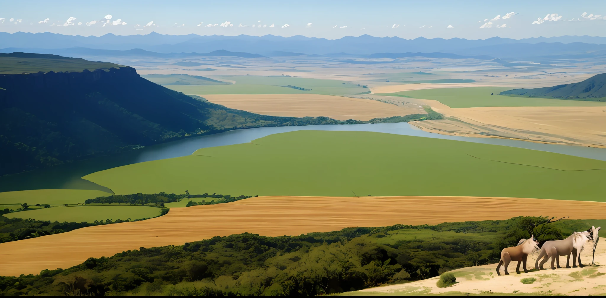 Landscape, plainm, duas montanhas, Grandes montanhas, Plain between two mountains, pequeno rio, River in the middle of the plain, Animals on the plain.
