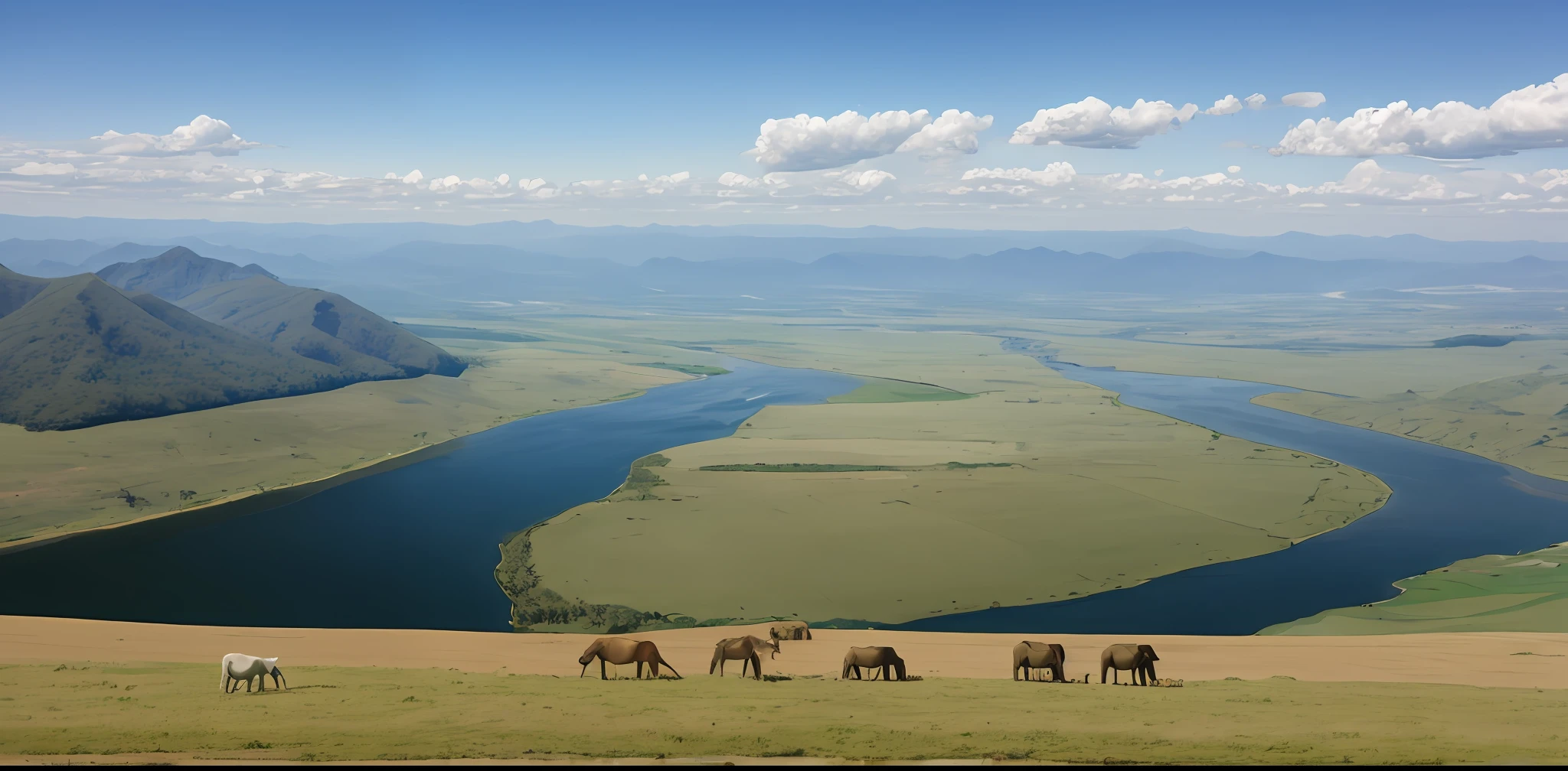 Landscape, plainm, duas montanhas, Grandes montanhas, Plain between two mountains, pequeno rio, River in the middle of the plain, Animals on the plain.