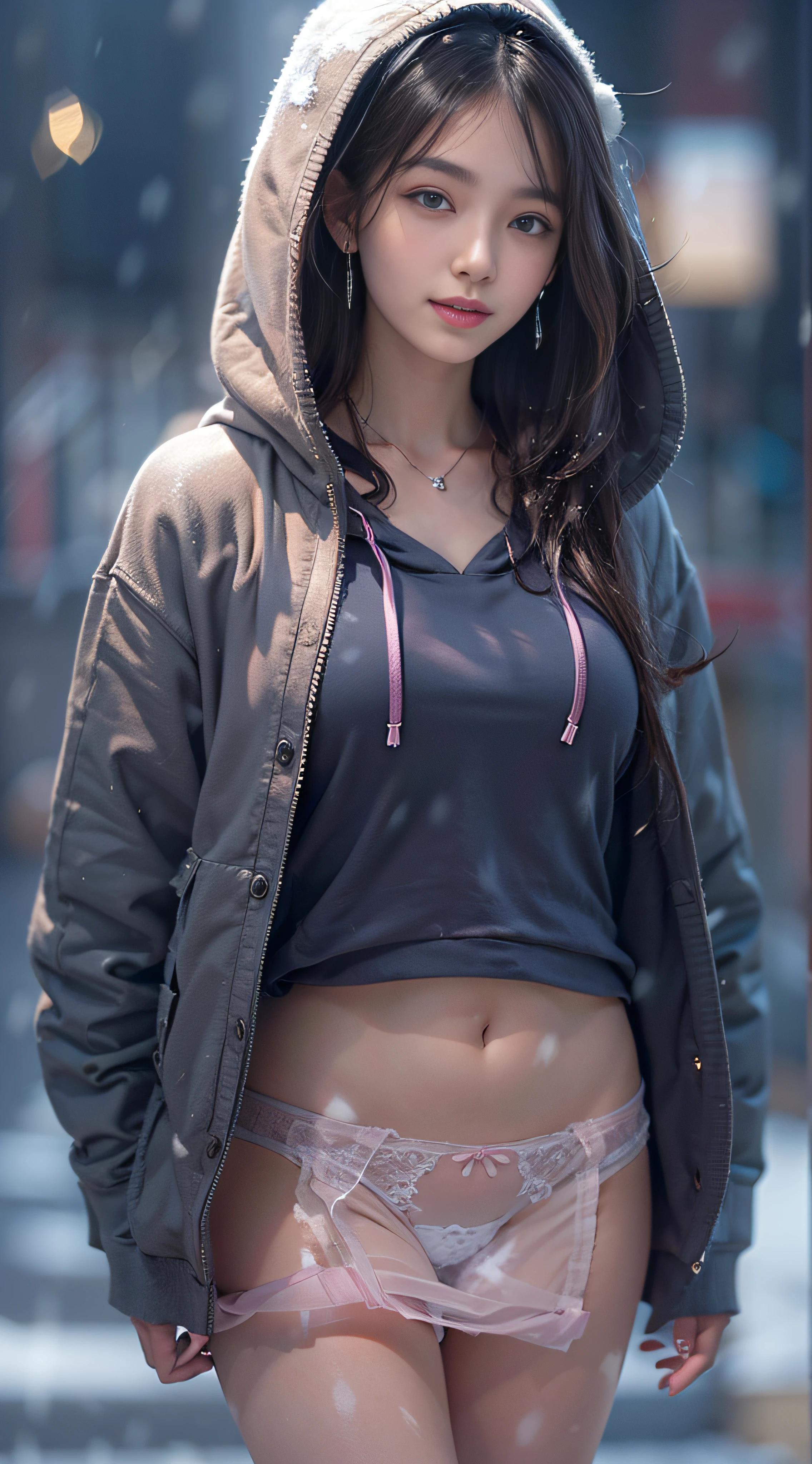 ((8K)),Film photography, 1 girl, (Hoodie:1.2), (short skirt), upper legs, navel,necklace, Earrings, Seductive smile, Medium breast, full bodyesbian, drunk blush:1.5, black wavy shoulder-length hair, serene, calm, (Realistic detailed eyes, Natural skin texture, Realistic face details), Soft dramatic lighting, Depth of field, Bokeh, vibrant detail, finely detailed, Hyperrealistic,20yr old, ((skirt lift by yourself)), (Skirt lift), (Panties , panty focus), Blush, parted lip, view the viewer ,(Clear eyes,Clear nose,Clear lips,Fair skin),Semi-body shot , Wear a hooded jacket ,(Tokyo streets ,Falling snow),