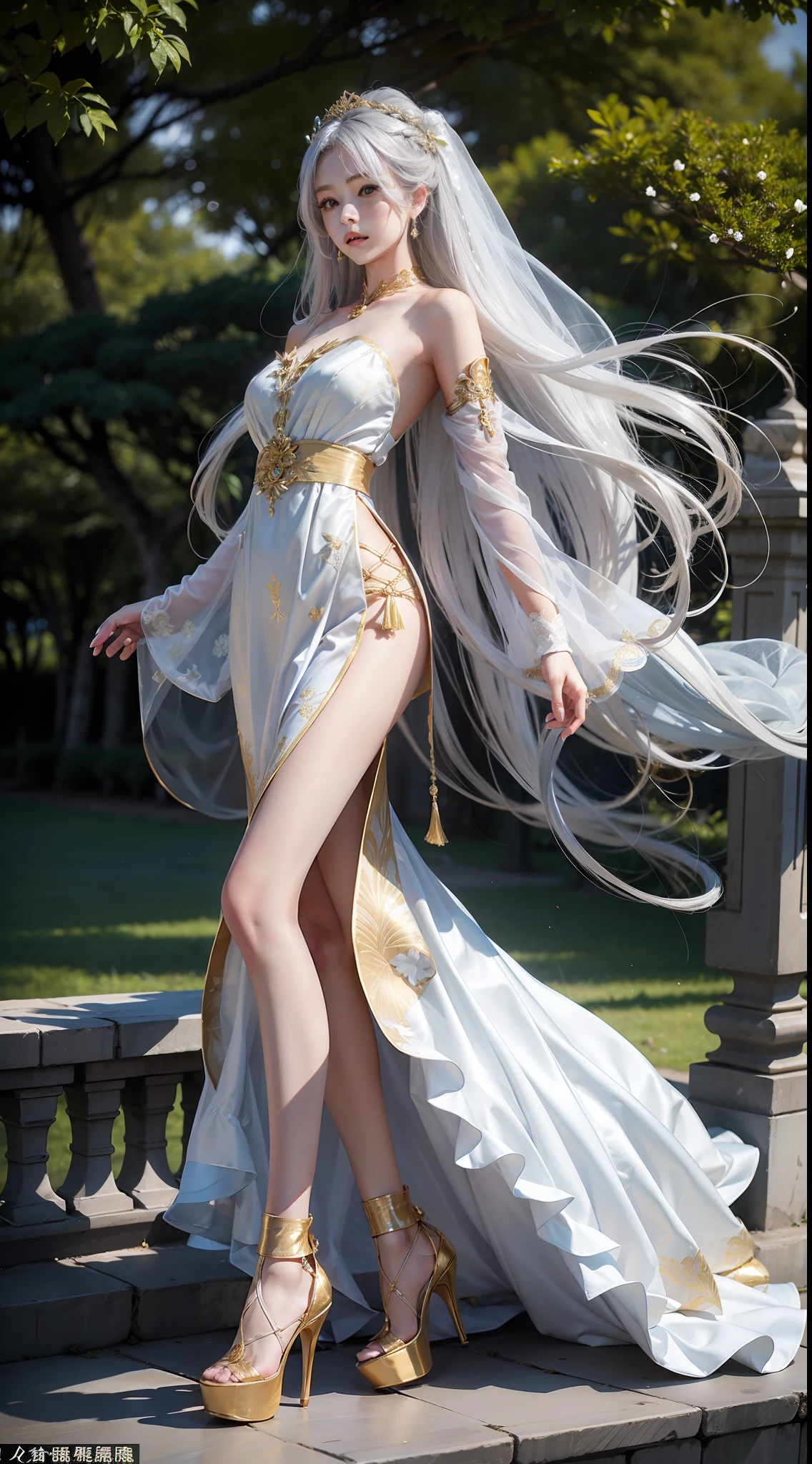 Gold pattern wedding dress,gleaming in the sunlight,Kizi,Silver hair ornament,cropped shoulders,Long blue wavy hair that reaches the waist,Gold-tone high heels,Long legs,White stockings,独奏,bound waist,