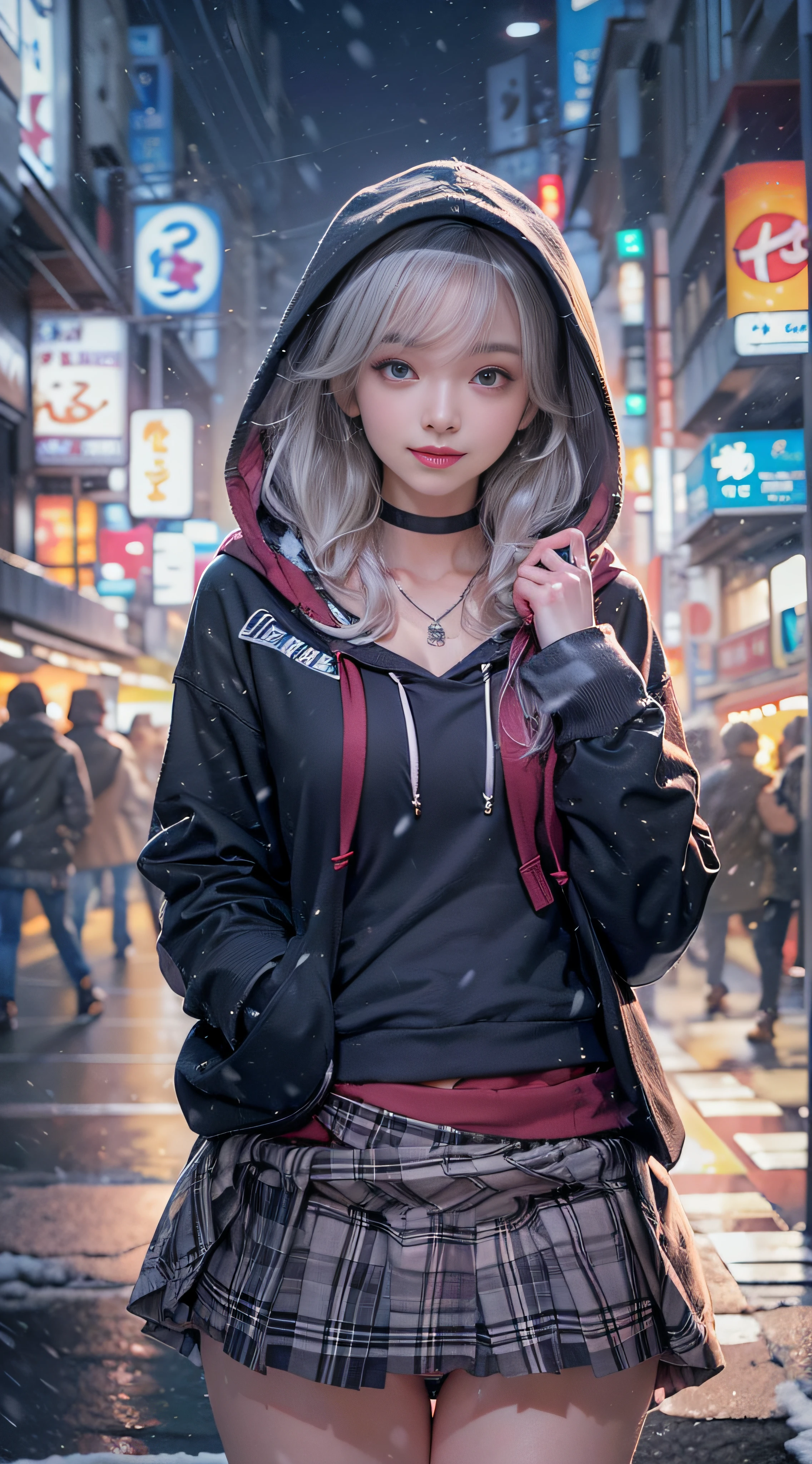 ((8K)),Film photography, 1 girl, (Hoodie:1.2), (short skirt), upper legs, navel,necklace, Earrings, Seductive smile, Medium breast, full bodyesbian, drunk blush:1.5, black wavy shoulder-length hair, serene, calm, (Realistic detailed eyes, Natural skin texture, Realistic face details), Soft dramatic lighting, Depth of field, Bokeh, vibrant detail, finely detailed, Hyperrealistic,20yr old, ((skirt lift by yourself)), (Skirt lift), (Panties , panty focus), Blush, parted lip, view the viewer ,(Clear eyes,Clear nose,Clear lips,Fair skin),Semi-body shot , Wear a hooded jacket ,(Tokyo streets ,Falling snow),