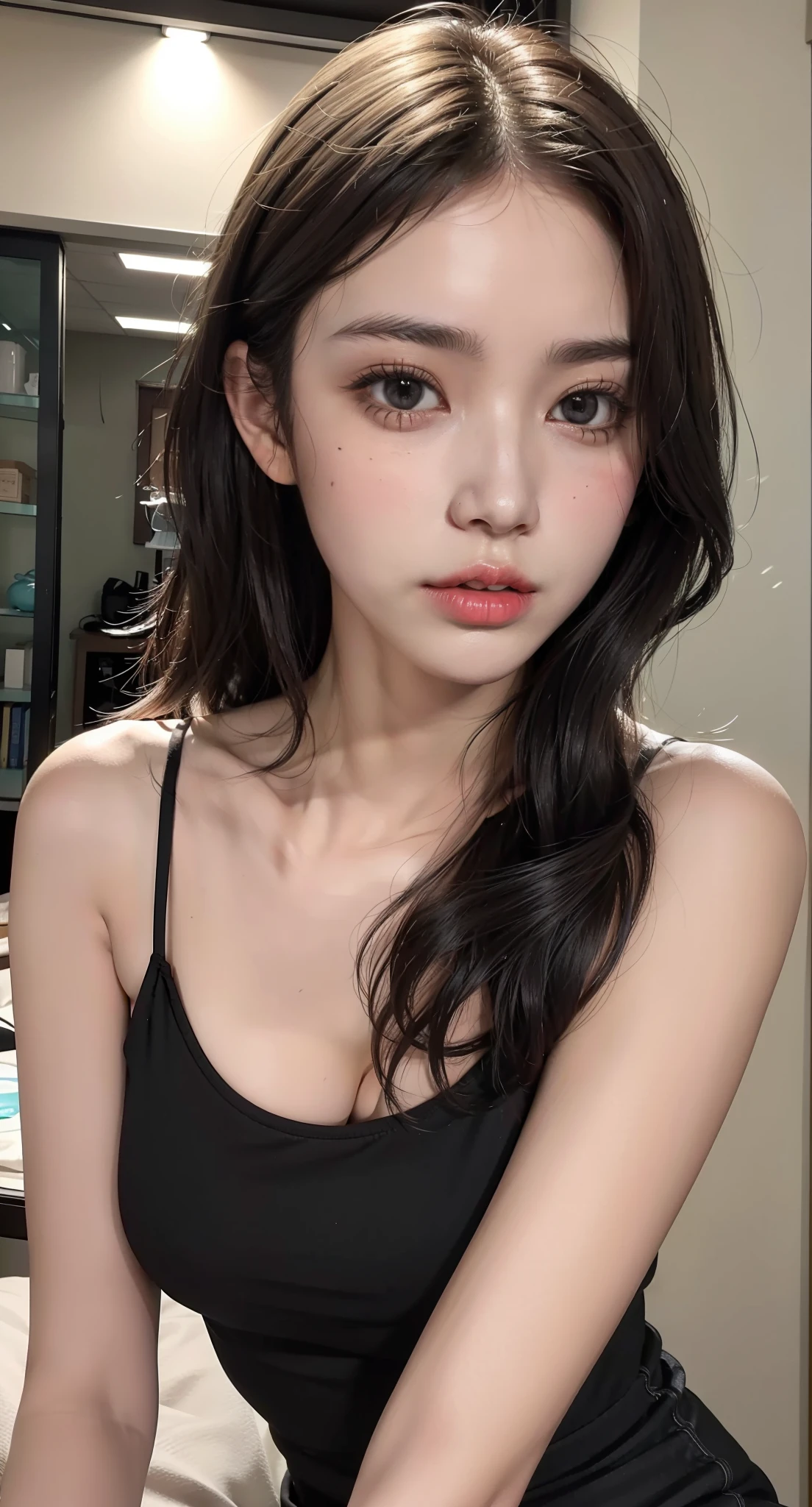 1girl, solo, colourful, realistic skin, charming eyes, (18 age years old:1.2), student, beautiful, cute,  (perfect body:1.2), (realistic anatomy:1.2), japanese idol, (kpop idol:1.2), (fluffy and sexy short hair:1.1), Portrait, realistic photo, RAW photo, 4k, Fujiflim, film grain, (Cinematic Lighting:1.4), ray tracing, (perfect pose:1.2), hyper detail, finely detailed, intricate details, dolby vision, pose,1girl,in the dark