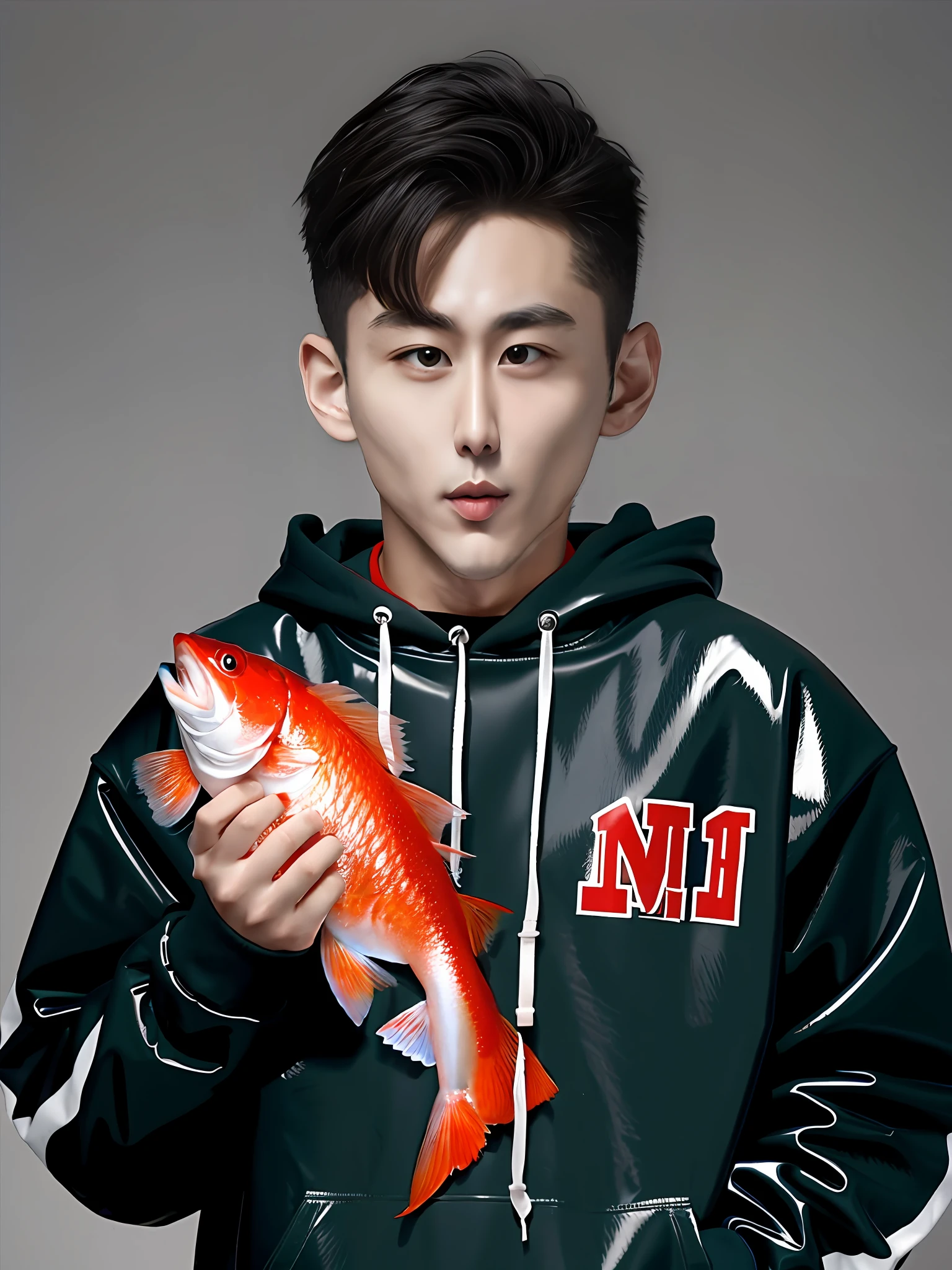 A Chinese male high school student,Wearing a red PVC sweatshirt,Holding a fish in his hand,Portray the details