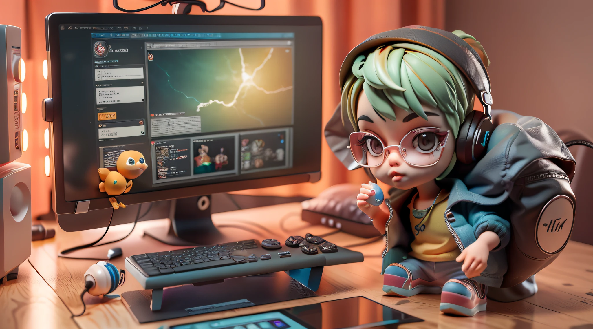 3Drenderingof,ip,cyber punk style,tchibi,Computer IT Boy,mtu,Code farmer,simple backgound,Best quality at best,blender,3 d model,A high resolution,A lot of detail,by Pixar,Big shoes,fashionable and trendy,Earphone,lollipop