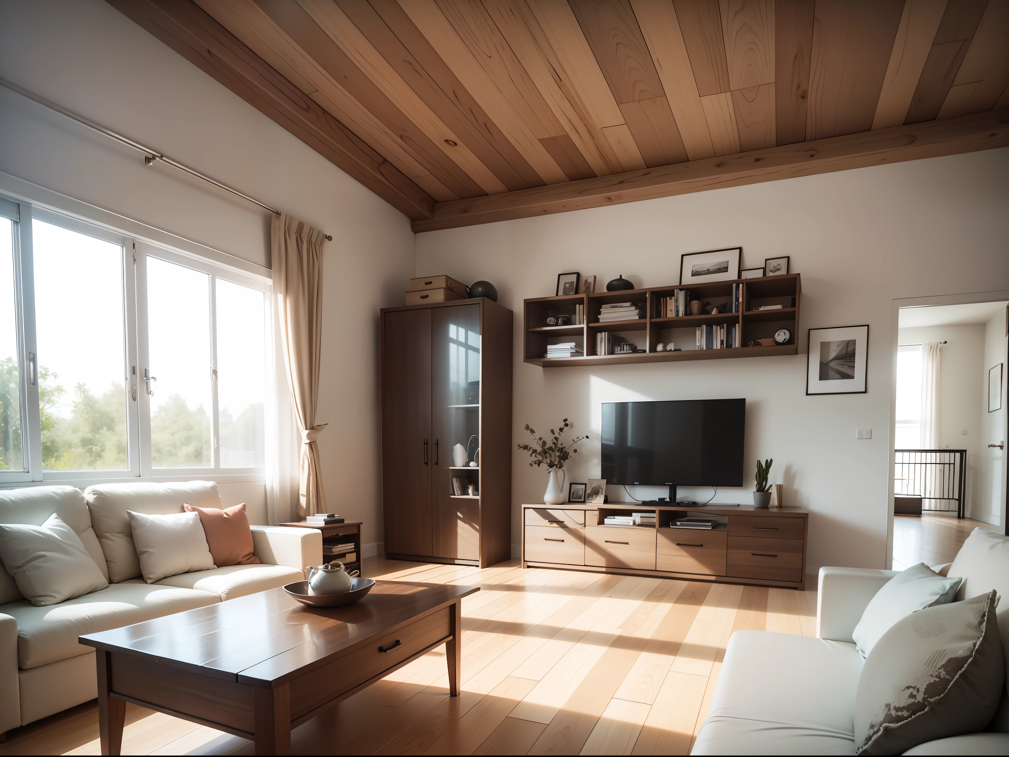 modern living room,liveroom,bookshelves,Modern furniture made of natural materials、Clean geometry,and a light and airy room layout,Minimalist style、Neutral tones、geometric shapes、Natural light、Simple décor,Simple and cozy atmosphere,Characteristics of the generation style,Create a unique design style,tmasterpiece,best qualtiy,realistic detail,high quality rendering,Ray traching,Real Photographics,very wide angle shot,depth of fields,3D stereoscopic effect,hyper HD