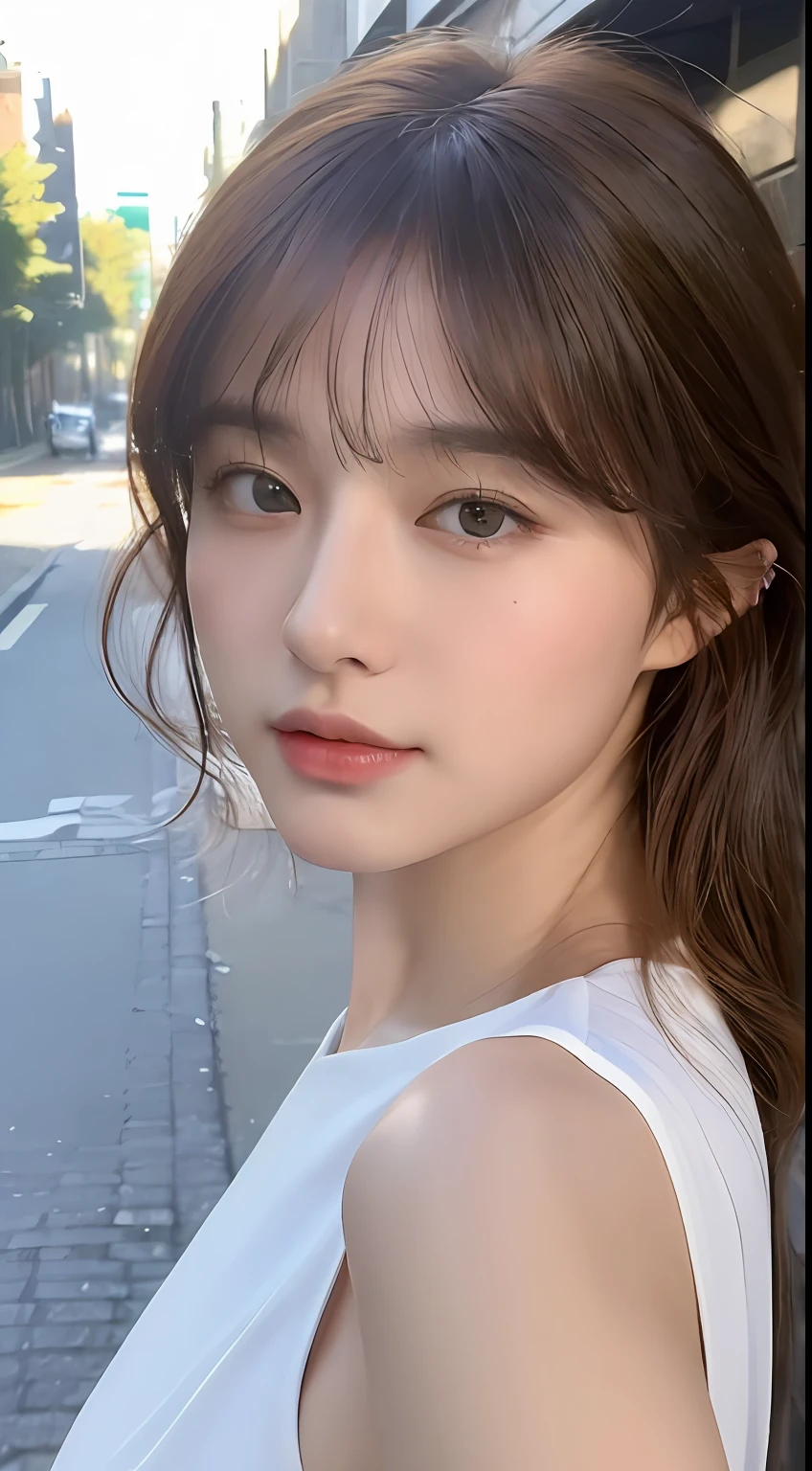 ((top-quality、8K、masterpiece:1.3))、Focus:1.2、Perfect Body Beauty:1.4、Street、Highly detailed facial and skin texture、Delicat eyes、二重まぶた、Whitened skin、Constricted curly hair、With bangs