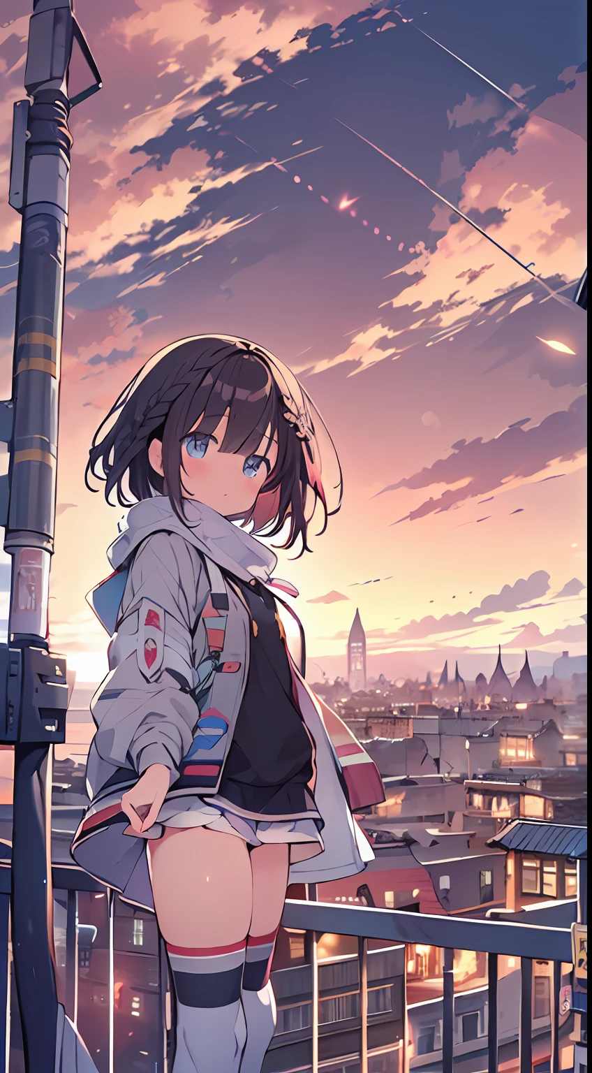 masutepiece, Best Quality,Illustration, Wallpaper, Ultra Detail, absurderes, 1loli, Solo, (Medium short hair、short braided hair), Beautiful detailed eyes , (Street), luminous sky,(a panoramic view:1.3),(Sense of depth:1.5),(longshot:1.3)