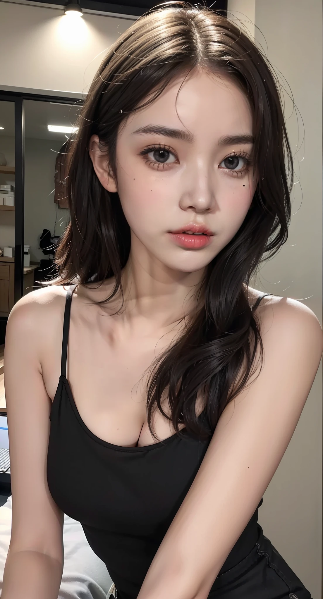 1girl, solo, colourful, realistic skin, charming eyes, (18 age years old:1.2), student, beautiful, cute, (perfect body:1.2), (realistic anatomy:1.2), japanese idol, (kpop idol:1.2), (fluffy and sexy short hair:1.1), Portrait, realistic photo, RAW photo, 4k, Fujiflim, film grain, (Cinematic Lighting:1.4), ray tracing, (perfect pose:1.2), hyper detail, finely detailed, intricate details, dolby vision, pose,1girl,in the dark
