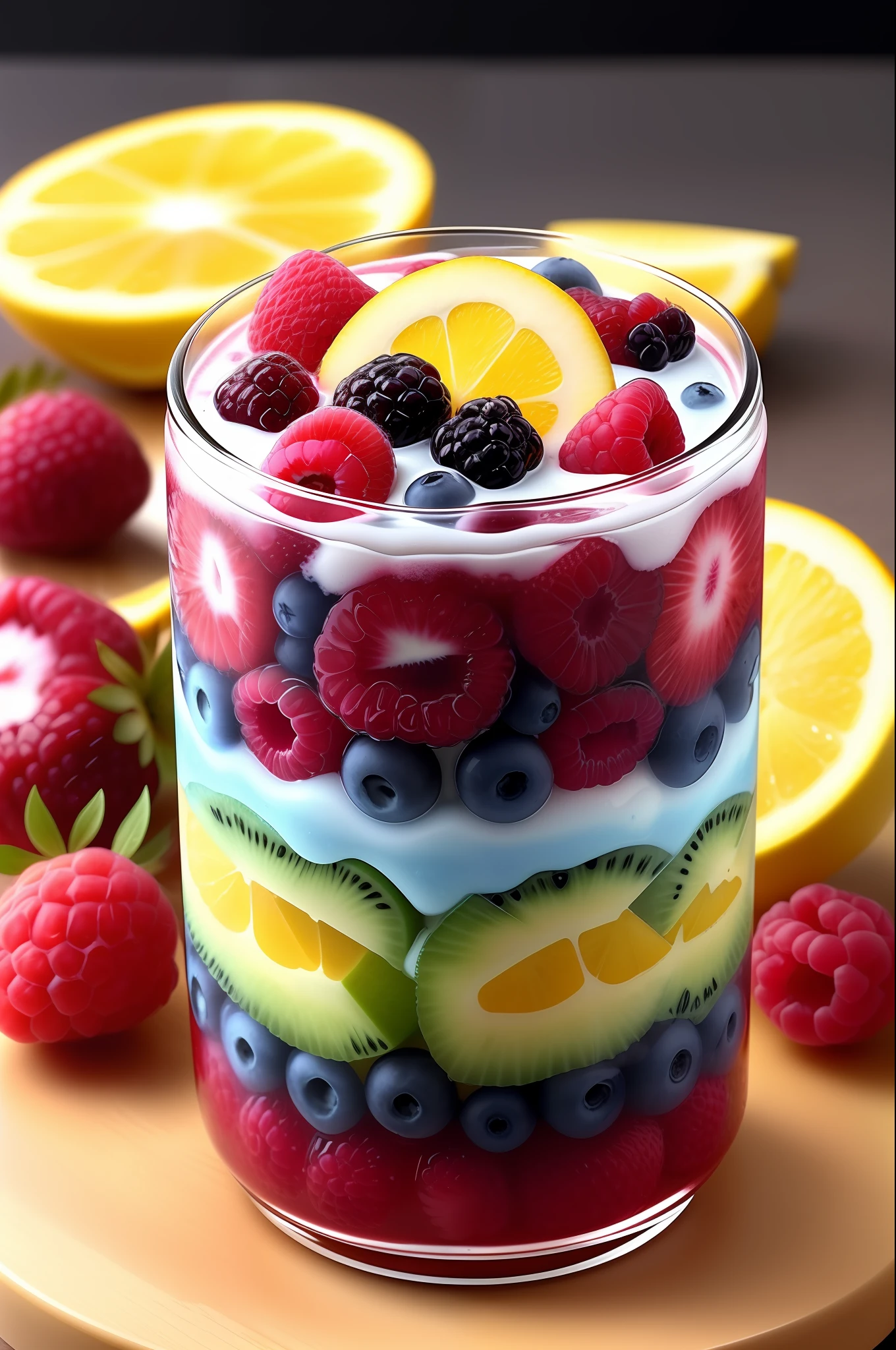 energy drink, with sliced mix fruit and berries and raindrops