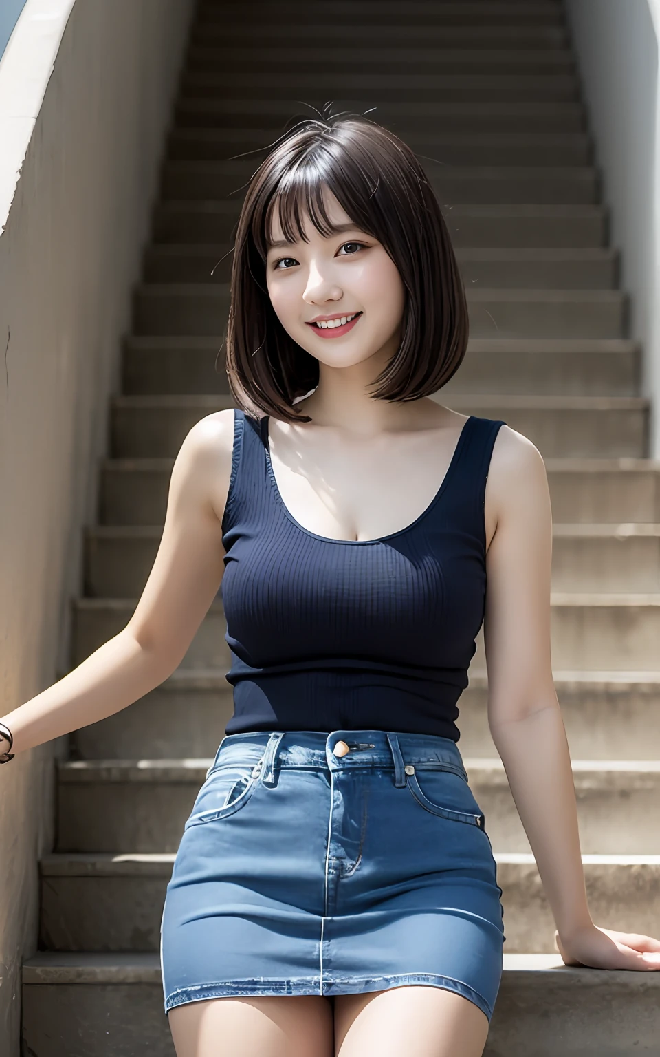 Highly detailed CG Unity 8k wallpaper, of the highest quality, super detailed, masutepiece, Realistic, Photorealistic, extremely detailed cute girl, 25 years old, (Mini skirt denim:1.3), (sleeveless black shirt) , Smile, Parted lips, Round eyes, Large breasts, Valley Viewer, Half body shot , stairs , bob cuts , From below