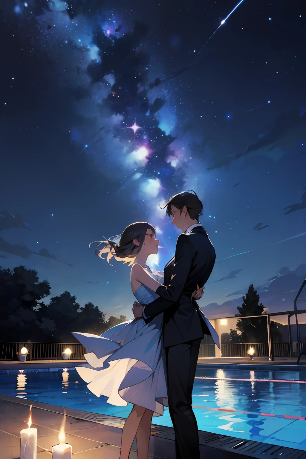 Woman waltz with man, poolside, candles, night sky, starry sky