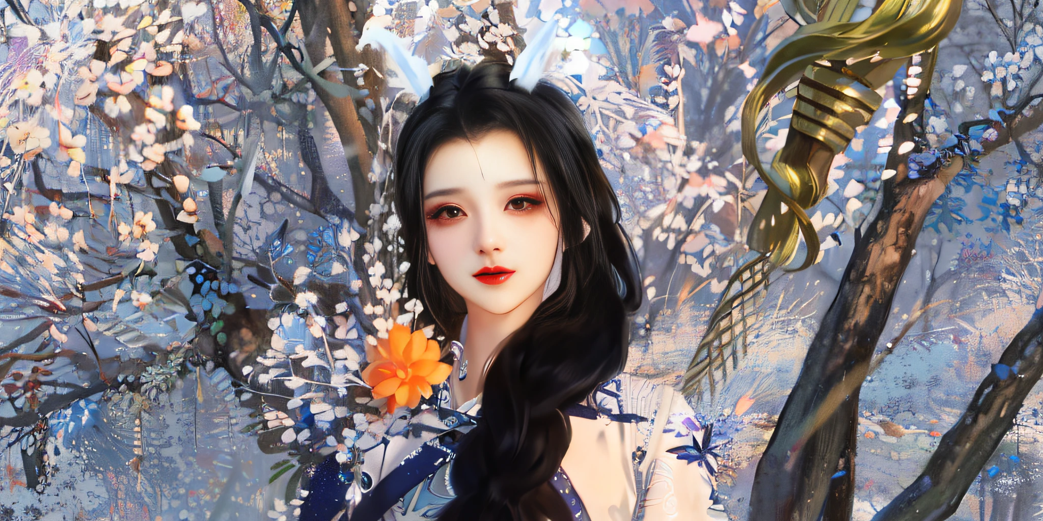 there is a woman with a flower in her hand，A tree in the background, Inspired by Lan Ying, inspired by Li Mei-shu, inspired by Ma Yuanyu, Inspired by Huang Ji, Inspired by Ai Xuan, Inspired by Qiu Ying, inspired by Xie Sun, inspired by Lü Ji, inspired by Luo Mu, inspired by Park Hua