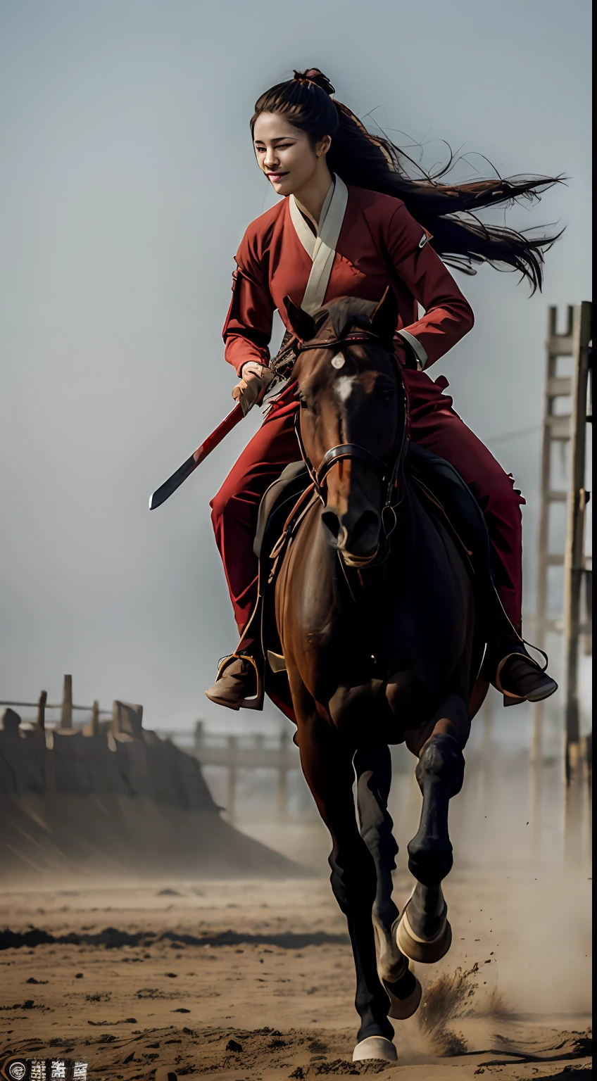 RAW Photo, 4k, Realistic, Delicate and Meticulous Skin), Masterpiece, Best Quality, Official Art, Unity 8k Wallpaper, Ultra Detail, (Soft Light), Cinematic Look, High Saturation, Best Anatomy, Volume Fog, Slim Body, Full Body, 1 Girl, Red Clothes, (with Weapon on the Waist), Sword, Long Hair, Brunetette, Solo, Blood, Armguards, Complex Background, Looking at the Audience, Black Eyes, Cloth, Floating Hair, Evil Smile, Hanfu, Dynamic Movement, Dynamic Pose, Bandages wrapped around hands, dust carried by the wind, (riding a horse; 1.5)