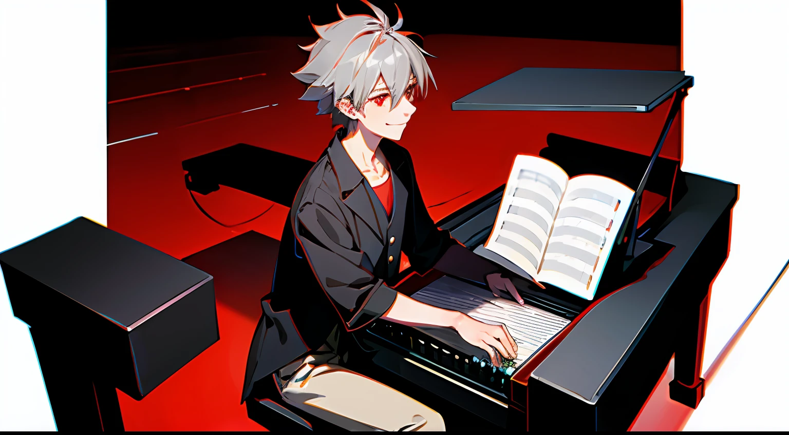 masterpiece,highres,highly detailed,male focus,1boy,solo,red eyes,grey hair,smile,play the piano
