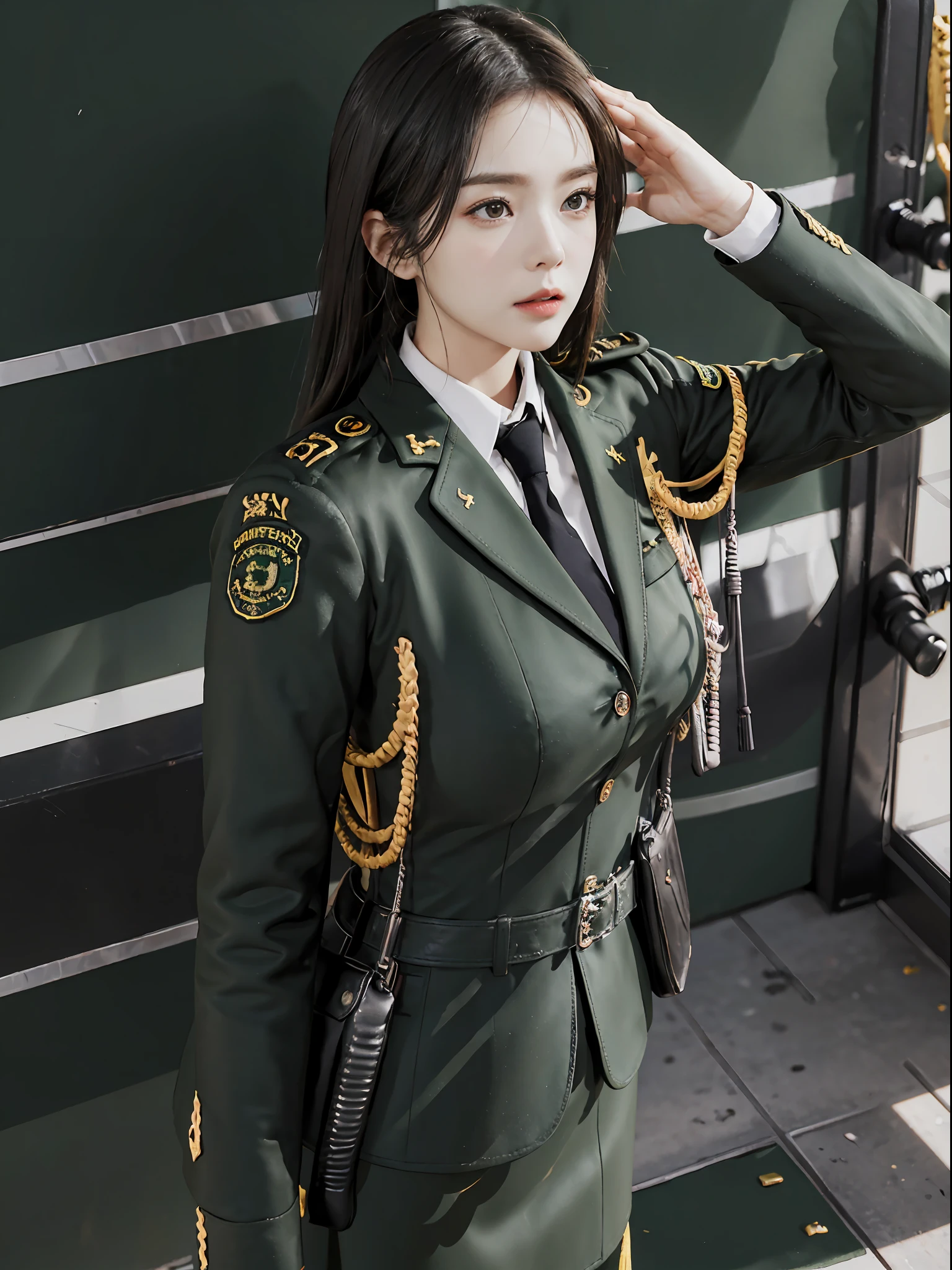 Very detailed CG unity 8K wallpaper，（tmasterpiece），（best qualtiy），（ultra - detailed），（Ultra photo realsisim），（best character detail：1.36），Nikon D750 f / 1.4 55mm，profesional lighting， physically-based renderingt, 1girll, Female soldier，army suit，Green military uniform，Fabric texture military uniform，Pure white lining，Dark green tie，Black hair，the golden ratio,[:(com rosto detalhado:1.2):0.2]:,PureErosFace_V1, broad shoulder,(Bigchest:1.5),(big assa:1.5)，Soaked with sweat，Place your hands on your chest，red flags，At the cafe，Splendid scenery，bright sun，upper body photos，Flag of China，Salute with your hands，