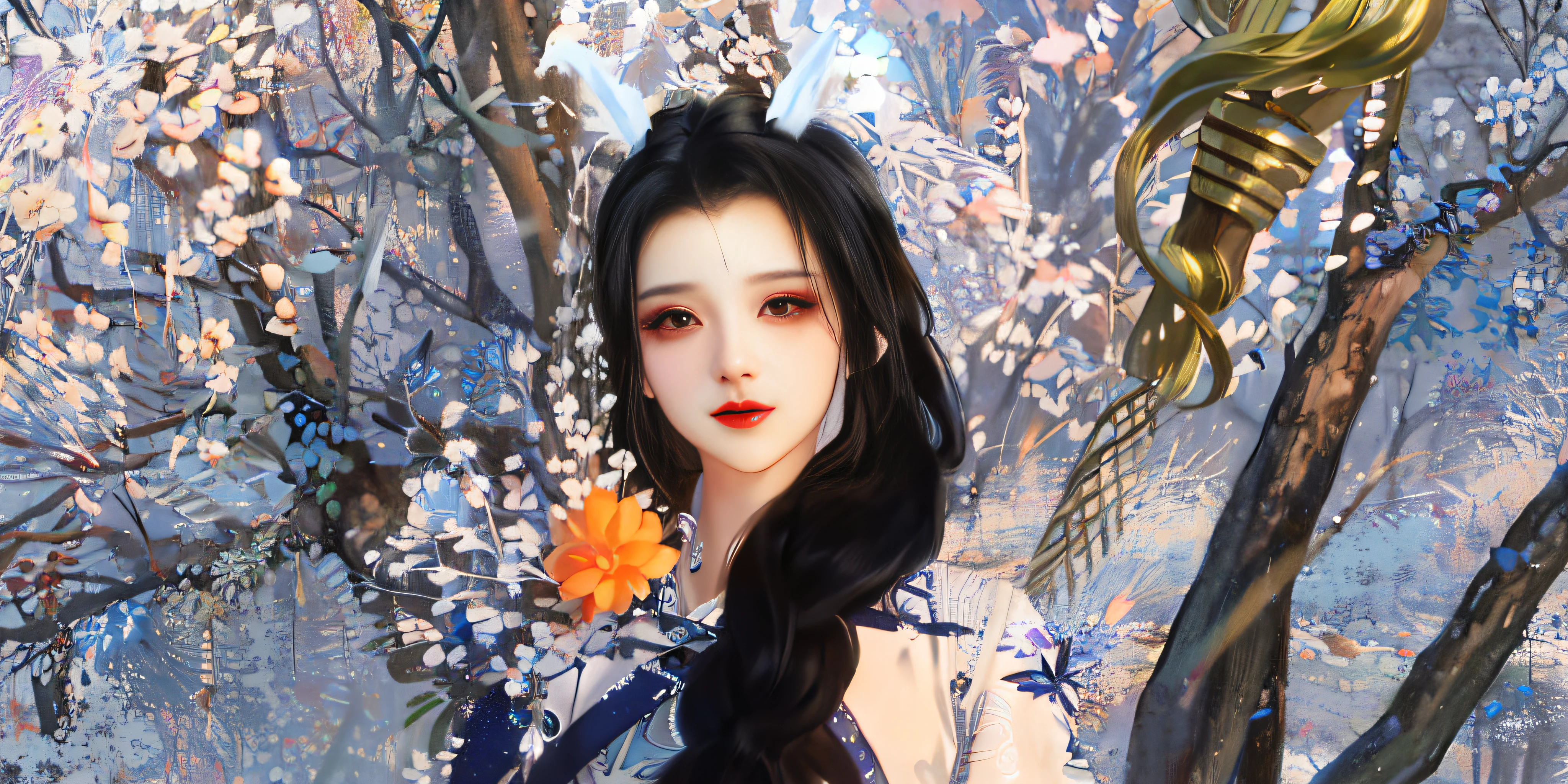 there is a woman with a flower in her hand，A tree in the background, Inspired by Lan Ying, inspired by Li Mei-shu, inspired by Ma Yuanyu, Inspired by Huang Ji, Inspired by Ai Xuan, Inspired by Qiu Ying, inspired by Xie Sun, inspired by Lü Ji, inspired by Luo Mu, inspired by Park Hua