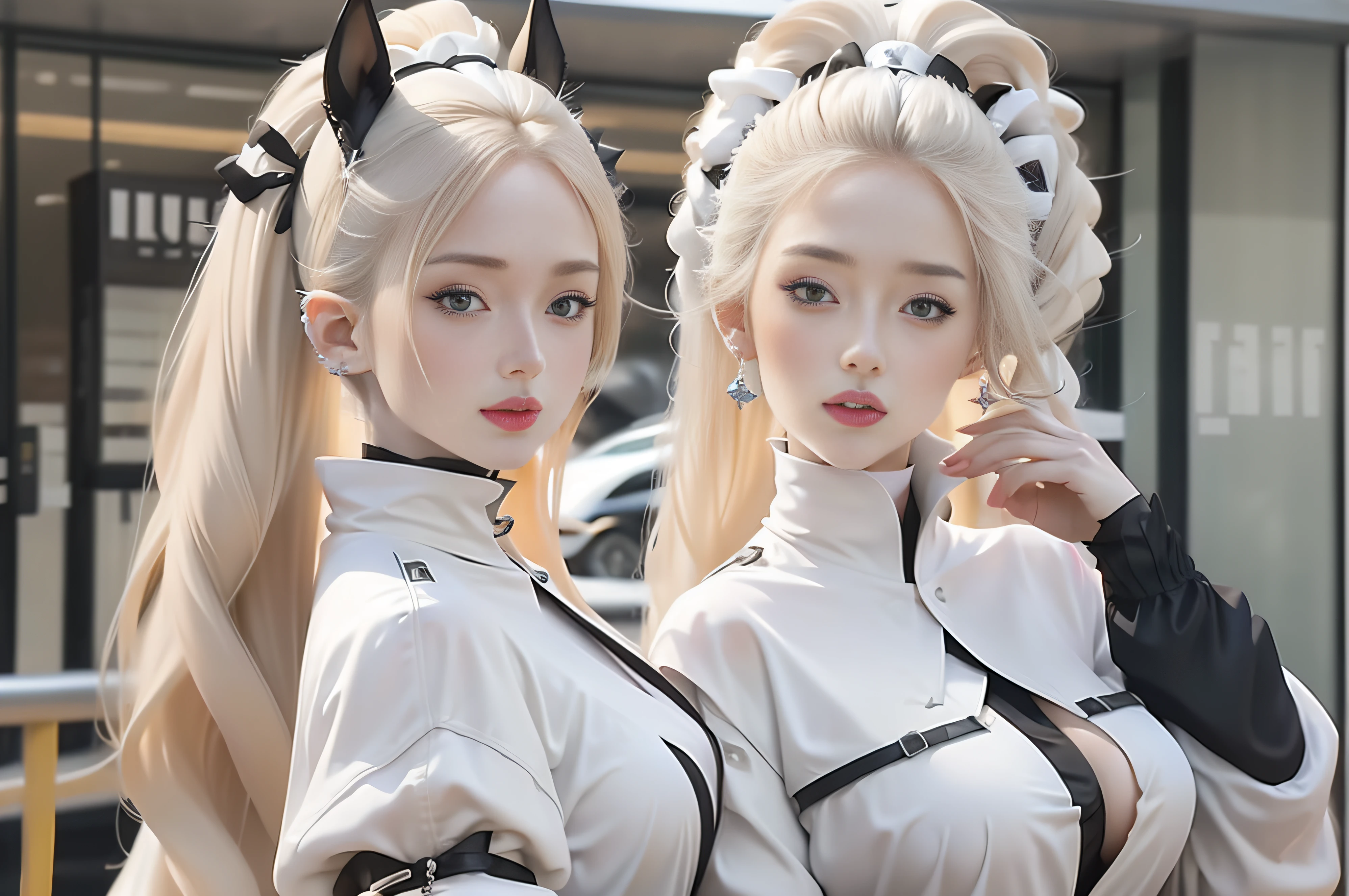 Manteau blanc,white skinned,blond hairbl,Need,Full breasts,Zhu lips,ear jewelry,Black high neck,horse tailed,mechs,Royal Sister Fan,extreme hight detail