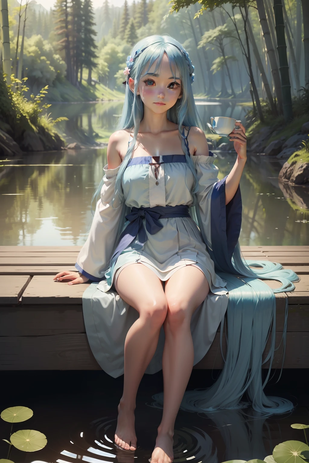 Masterpiece, Best Quality, Official Art, 8k Wallpaper, Very Detailed, Illustration, 1 Girl, Sky Blue Hair, Long Hair, Detailed Eyes, Forrest Gump, Bare Shoulders, Hanfu, Lake, Pure, Soft Smile, bamboo, tea