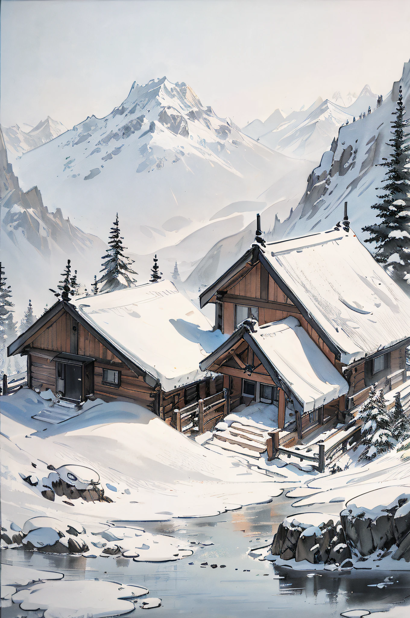 ink painting snow mountain cabin