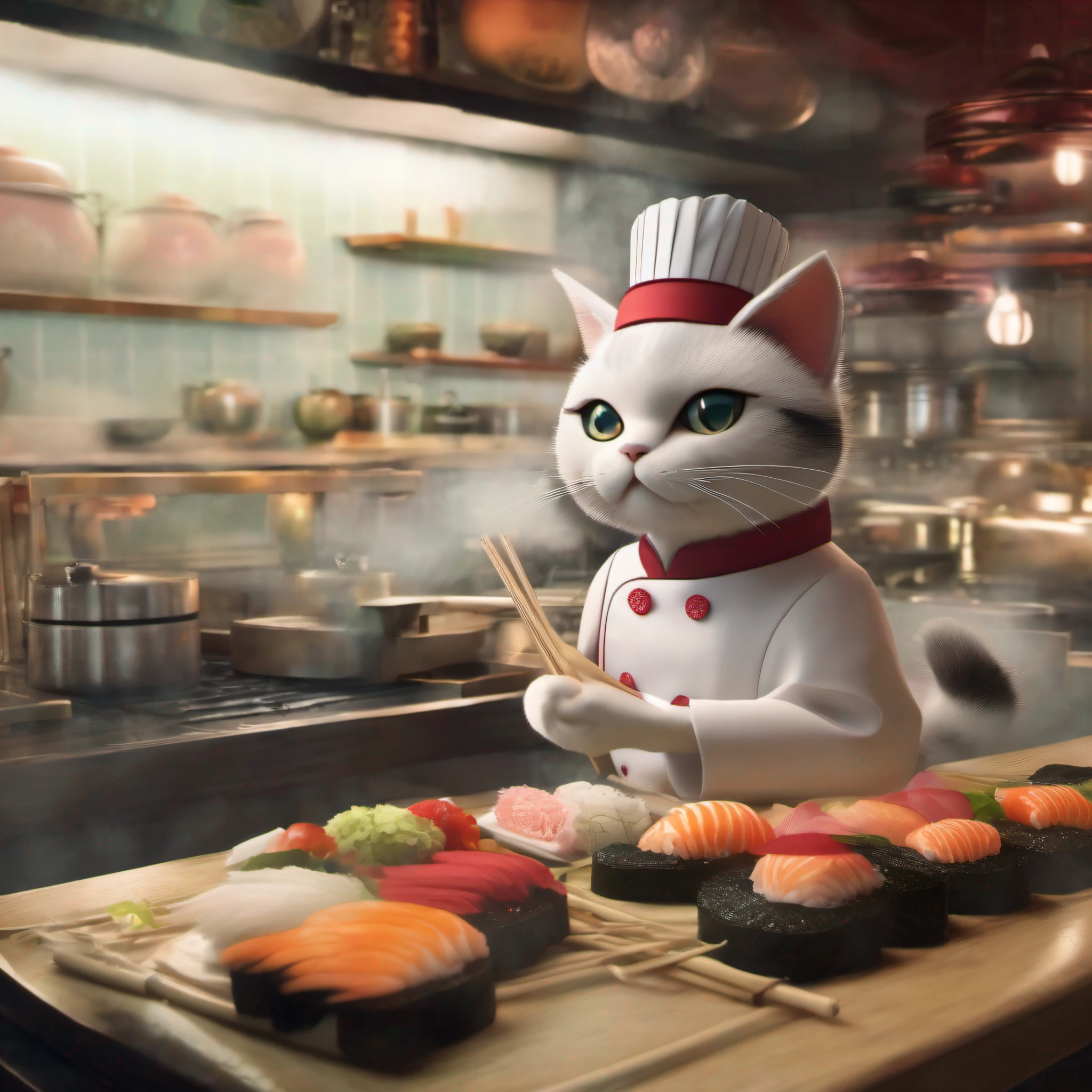 a cat sushi chef in a restaurant kitchen, photo, Catstravaganza