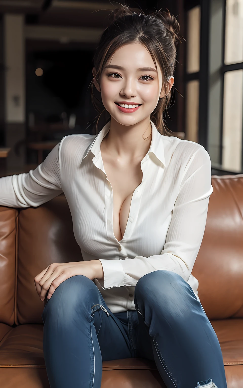 Highly detailed CG Unity 8k wallpaper, top quality, super detailed, masterpiece, realistic, photorealistic, highly detailed cute girl, 25 years old, (ripped jeans:1.3), ( white shirt) , smile, parted lips, round eyes, large breasts, valley , viewer, half body shot , couch , squat, hair bun ,