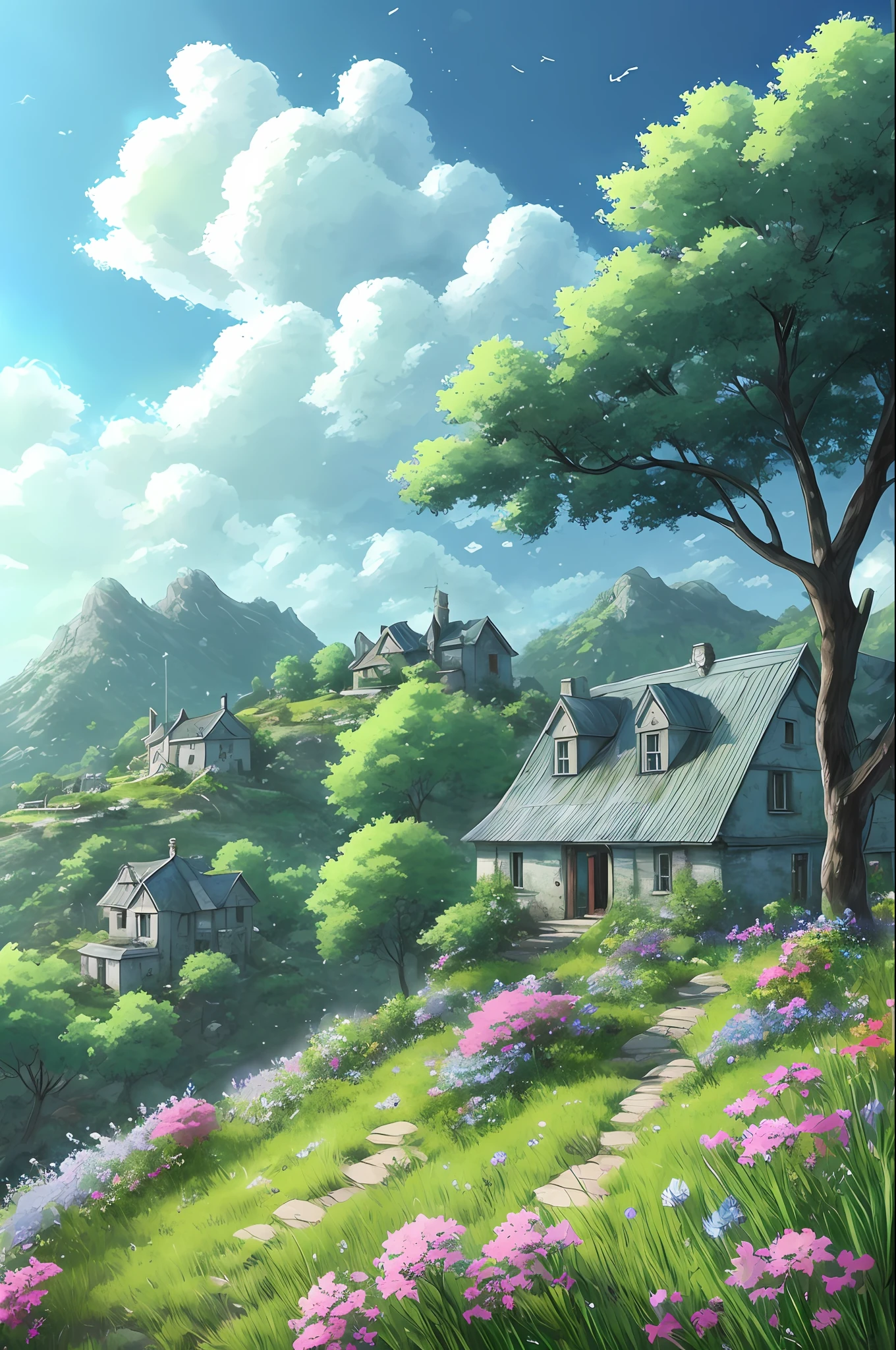 very cozy little place, hyper realism, (anime Makoto Shinkai:0.4), old shabby house in a hill, outdoors, sky, cloud, day, scenery, tree, blue sky, building, wilderness, flowers