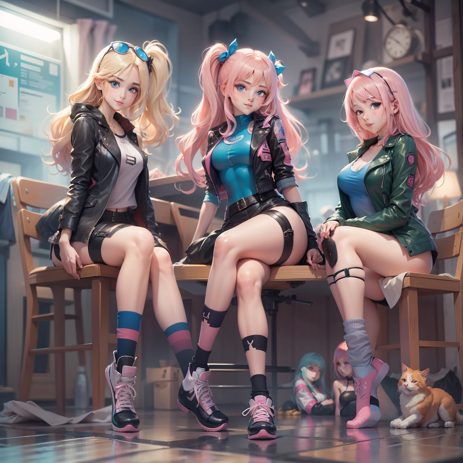 harems Multiple girls are depicted a smile a blond Pink hair leather jackets blue eyess top-quality masterpiece 超A high resolution Bodysuits Loose socks