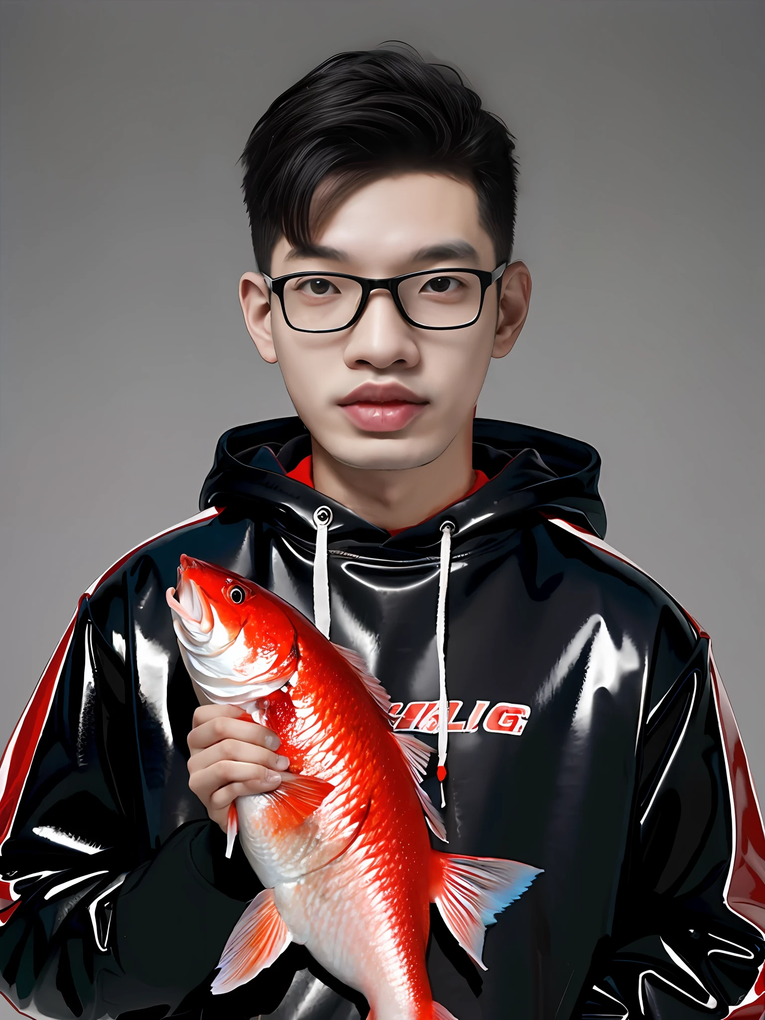 A Chinese male high school student,Wearing a red PVC sweatshirt,Holding a large fish in his hand