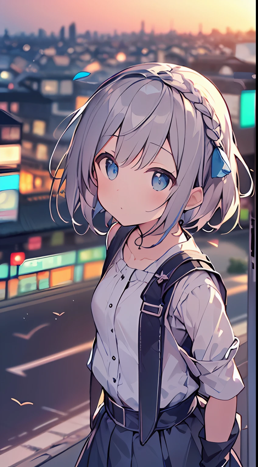 masutepiece, Best Quality,Illustration, Wallpaper, Ultra Detail, absurderes, 1loli, Solo, (Medium short hair、short braided hair), Beautiful detailed eyes , (Street), luminous sky,(a panoramic view:1.3),(Sense of depth:1.5),(longshot:1.3)
