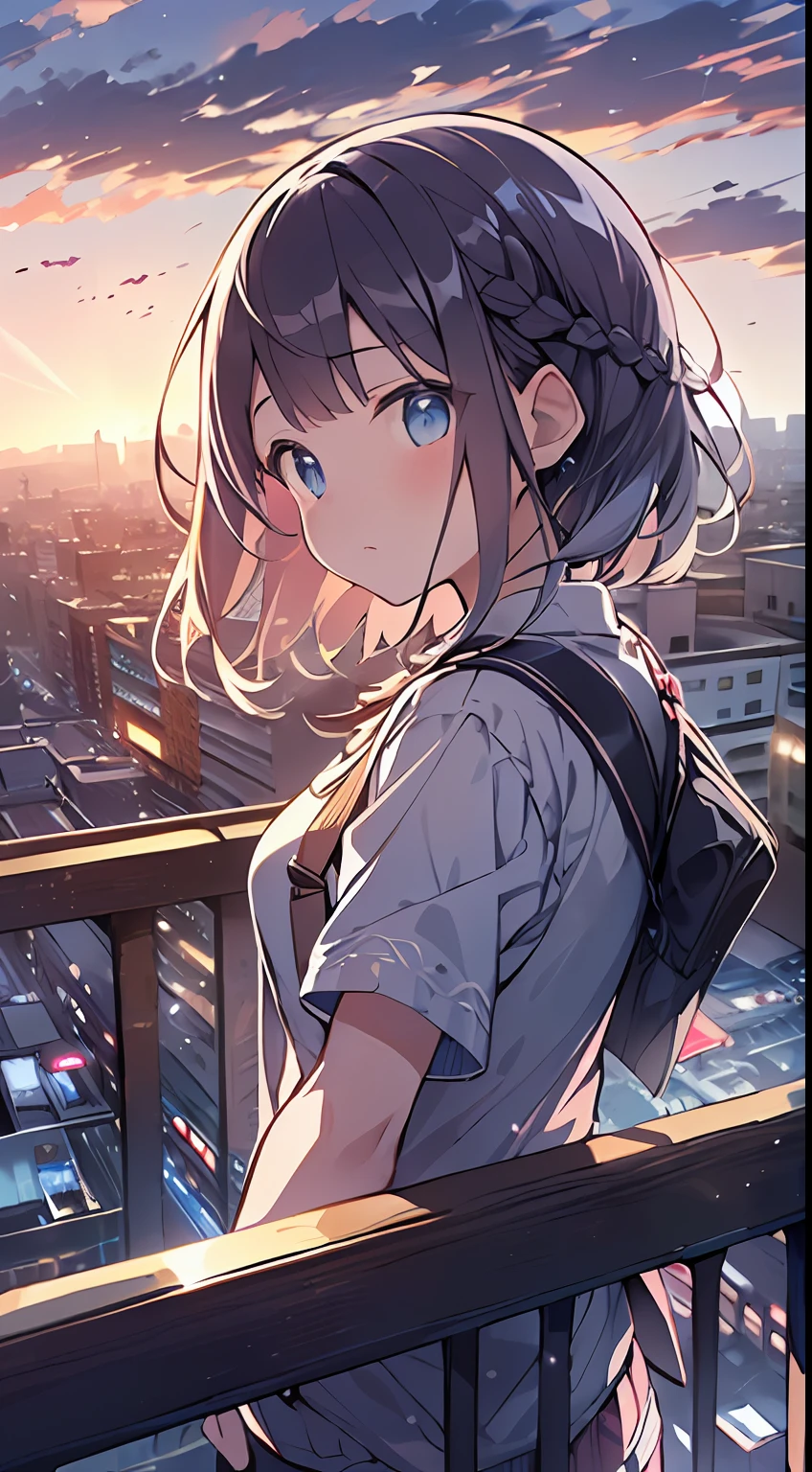 masutepiece, Best Quality,Illustration, Wallpaper, Ultra Detail, absurderes, 1loli, Solo, (Medium short hair、short braided hair), Beautiful detailed eyes , (Street), luminous sky,(a panoramic view:1.3),(Sense of depth:1.5),(longshot:1.3)