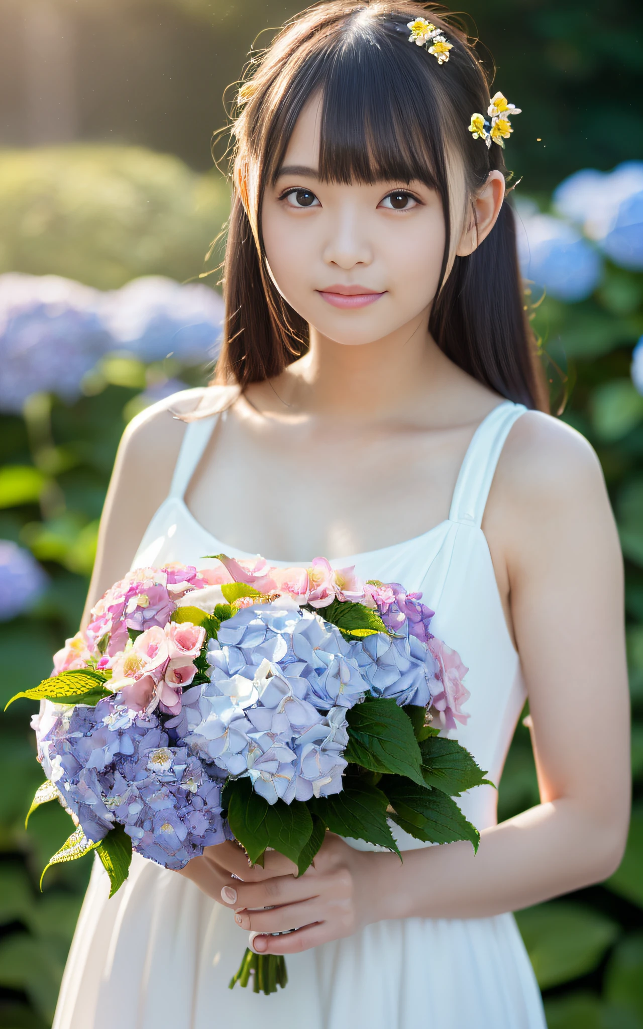 20 years old, twilight rays, wedding dress, corolla, (((Tokugawaen)), hydrangea front bokeh, bokeh, photorealistic, surrounded by hydrangeas, background dark, smiling, (one girl), (sunset: 1.3), (8k, raw photography, best quality, masterpiece: 1.2), (realistic, photorealism: 1.37), best quality, ultra high resolution, (focus plane: 1.8), ( Portrait: 1.7), (Intense:1.1), (Details:1.1), (Highest Quality), (Analog:1.2), (High Sharp), Canon EOS R Photography, (Summer Dress:1.4), (Standing in a Flower Garden:1.3), (Vivid and Colorful:1.3)