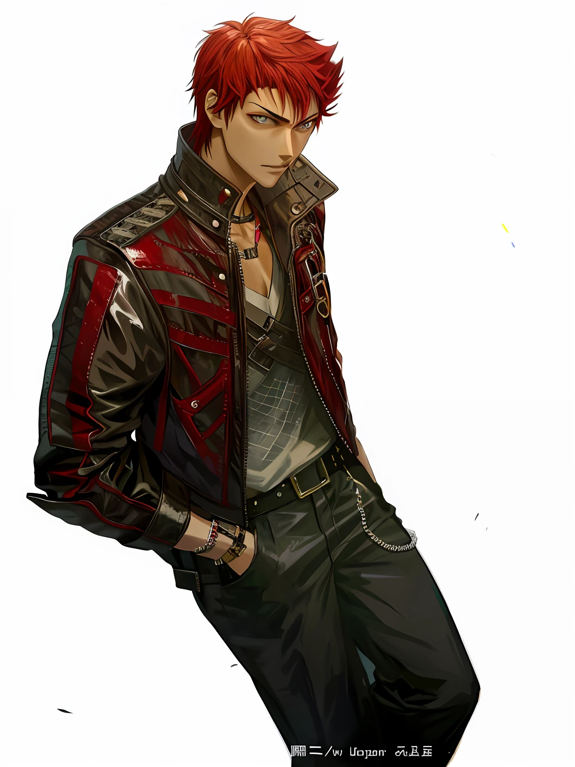 Anime characters standing in front of black background with red hair and leather jacket,