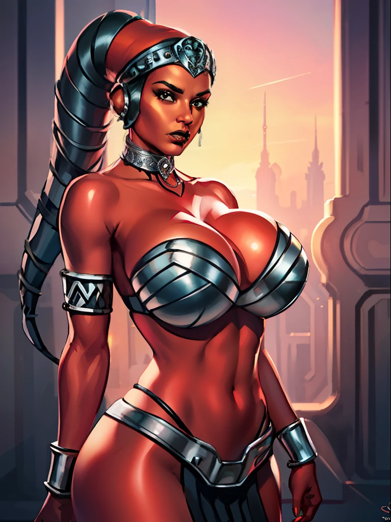 (best quality, masterpiece, highly detailed), 1girl, (red skin), sexy busty Twi'lek, (((gigantic breasts))), cleavage, sharp facial features, silver and black bikini, silver, ornate strapless metal bra, metal lace, gemstones, silver jewelry, long skirts, choker, armlets, pelvic curtain, silks, Star Wars, lekku stripes