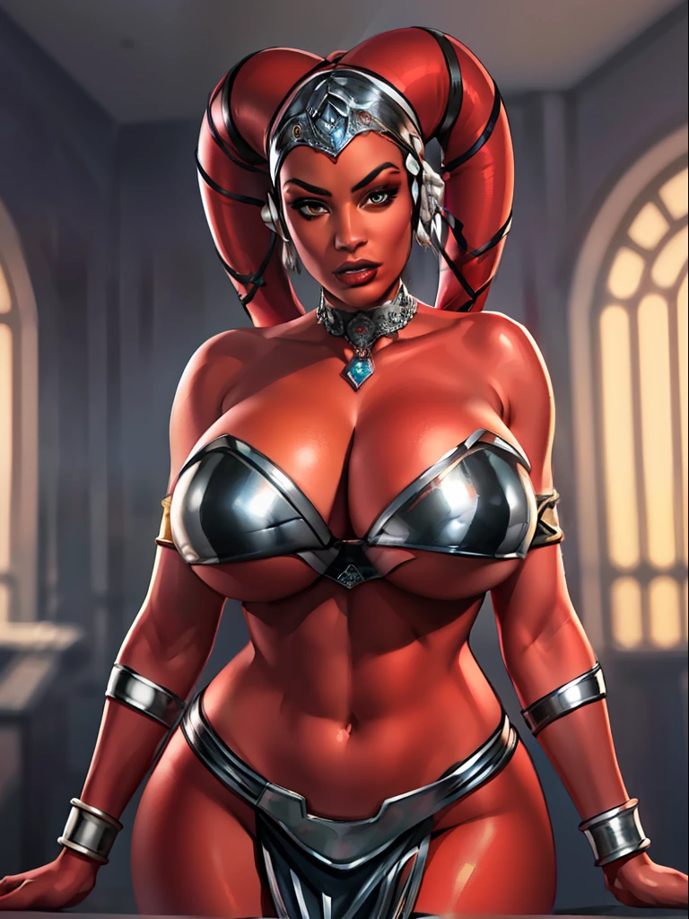 (best quality, masterpiece, highly detailed), 1girl, (red skin), sexy busty Twi'lek, (((gigantic breasts))), cleavage, sharp facial features, silver and black bikini, silver, ornate strapless metal bra, metal lace, gemstones, silver jewelry, long skirts, choker, armlets, pelvic curtain, silks, Star Wars, lekku stripes