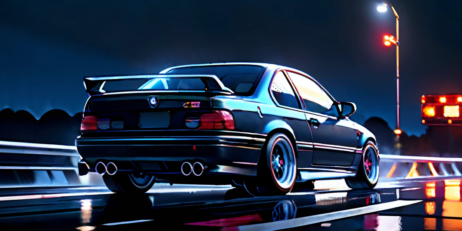 masterpiece,best quality,official art,extremely detailed CG unity 8k wallpaper,illustration, 1999 bmw e36 m3, bright, moving, wet, (night, midnight:1.5), cyberpunk, tokyo,neon lights,drift,