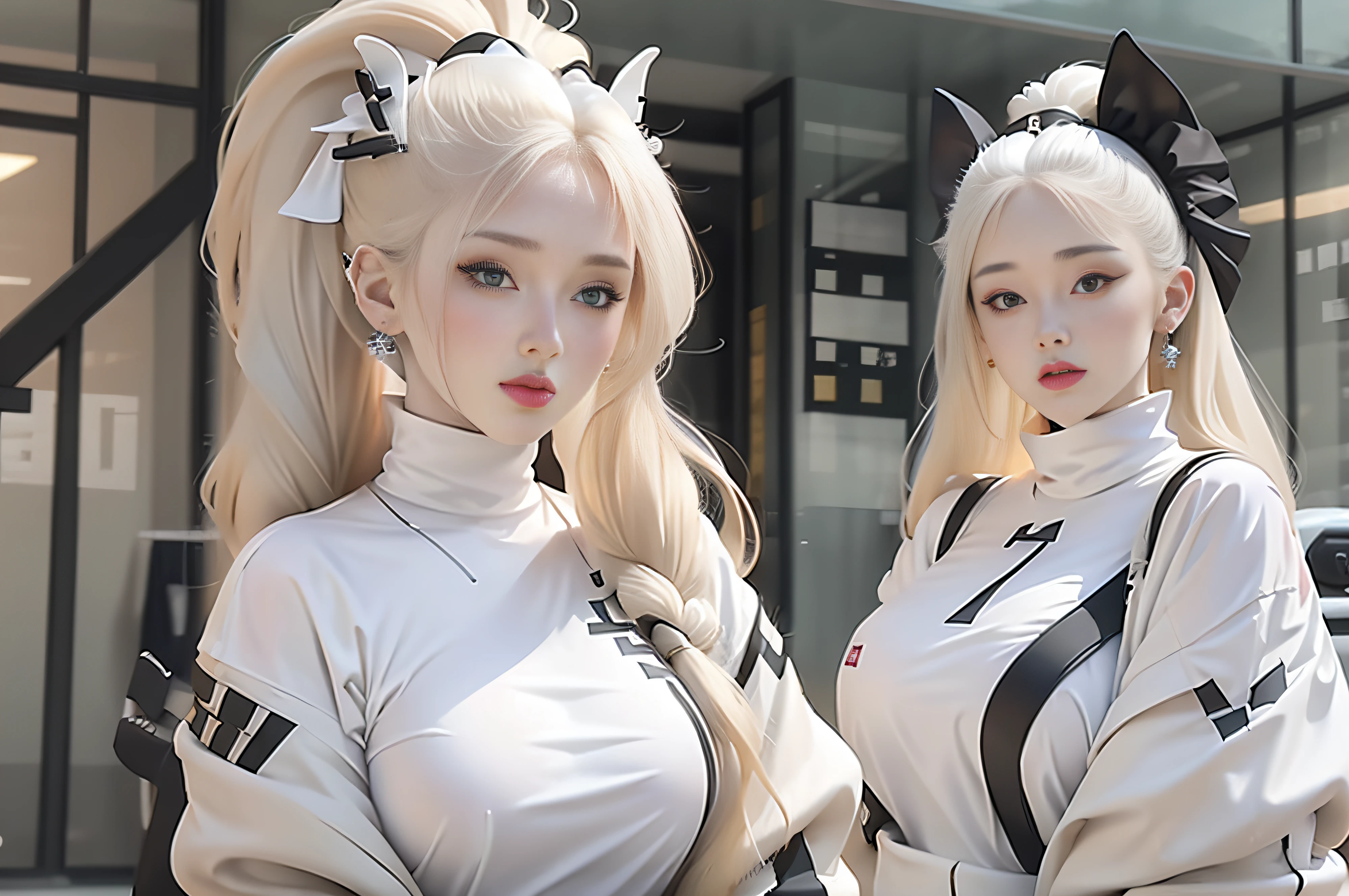 Manteau blanc,white skinned,blond hairbl,Need,Full breasts,Zhu lips,ear jewelry,Black high neck,horse tailed,mechs,Royal Sister Fan,extreme hight detail