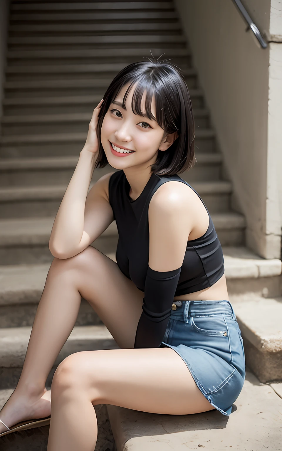 Highly detailed CG Unity 8k wallpaper, of the highest quality, super detailed, masutepiece, Realistic, Photorealistic, extremely detailed cute girl, 25 years old,  (Mini skirt denim:1.3), (sleeveless black shirt)  ,   Smile,  Parted lips, Round eyes, Large breasts, Valley ,Viewer, Half body shot , stairs , sitting, (spread leg) , ((showing panties)) , bob cuts , From below