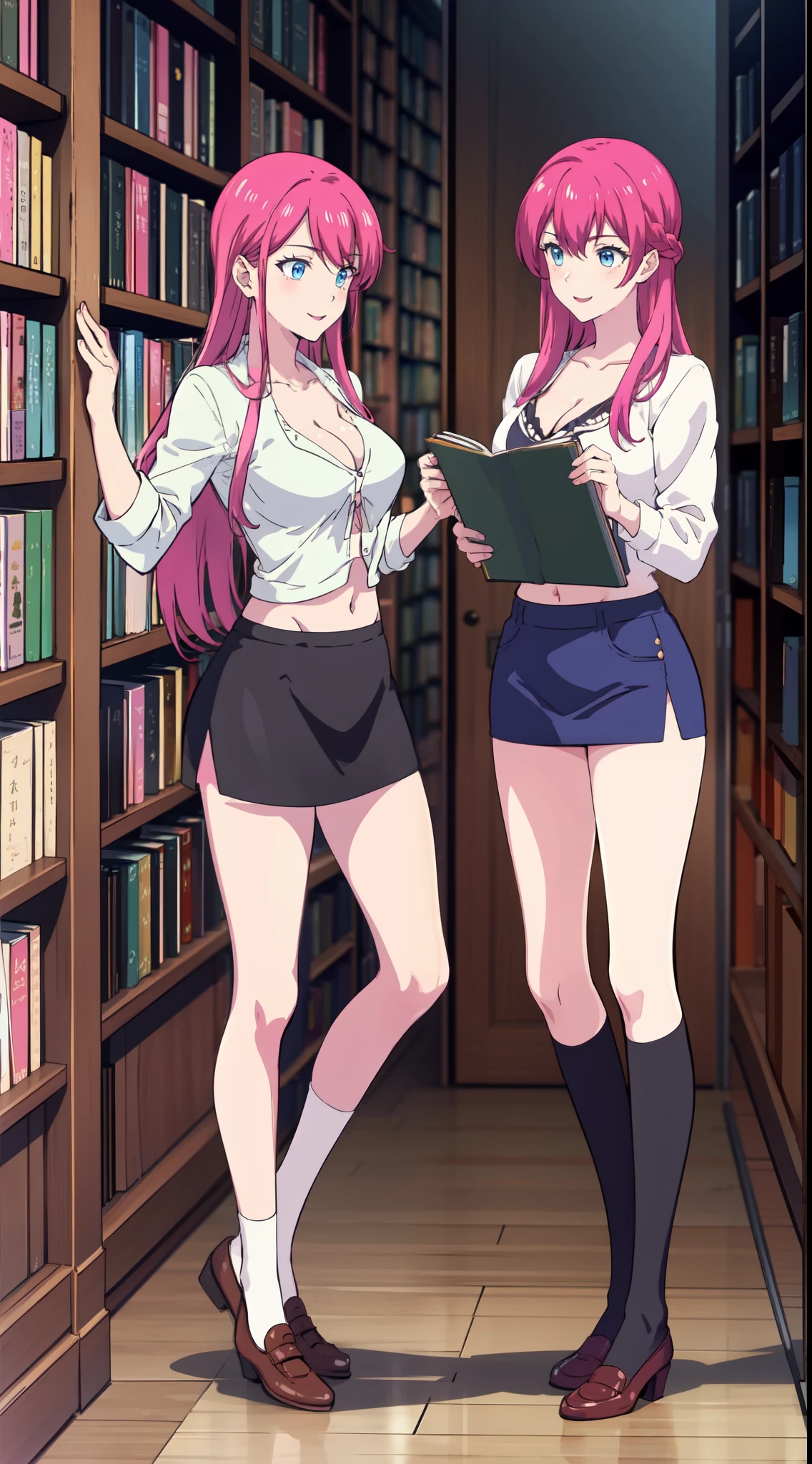 shikimori, slim legs, beautiful eyes, blue eyes, happy, pink hair, long hair, cleavage, short skirt, thigh high socks, navel, library
