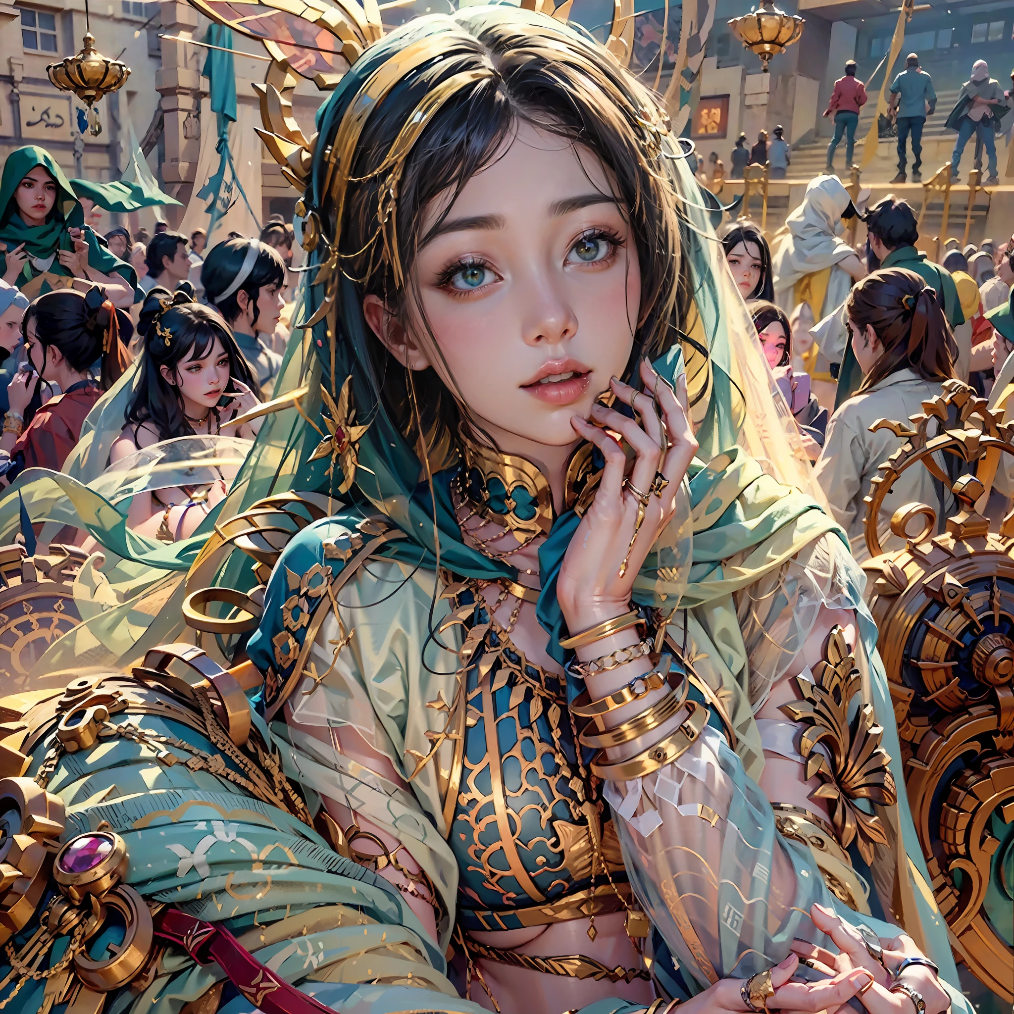 in a panoramic view，photorealestic，8K，Arabian style，golden hues，with blue sky and white clouds，Desert oasis，A market outside the luxury Arabic tent cluster，2 Arab slave girls，Wear a translucent traditional Arabian burqa，Arabic hijab，The Arabian veil is masked，Bind your hands，bound waist，anklet，sat on the ground，Waiting，Eyes seductive，A mask，Gorgeously dressed，A noblewoman in a lavish Arabian burqa，See them up close，，Perfectcomposition，professinal，Meistwick，commissioned，best qualtiy，color corrected，After fixation，Retouching，Improvement，Epic，Tone-mapping，the detail， highly  detailed， digitial painting， art  stations， Conceptual map of the long dam， Smoothness， Sharp focus， Beautiful illustration， photore， The light from the back window is backlighted， 动态照明， Mist， 复杂， cinematic grain， professinal， face to the viewer，（Beautiful m3d_woman， Perfect M3D_face,）， Volumetriclighting， subsurfacescattering， Good highlights， Good shadows， cinematic ligh