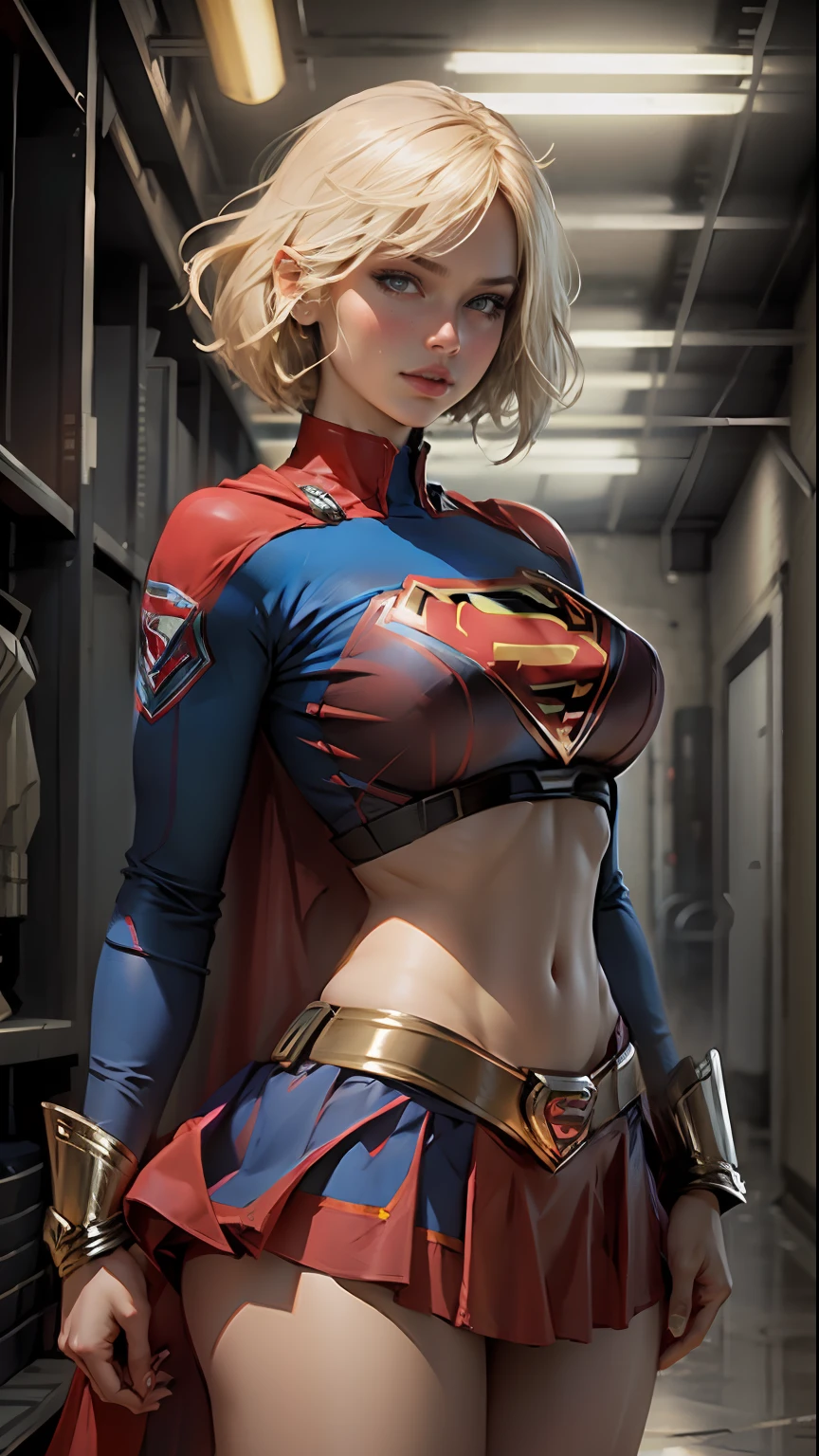 Beautiful woman short hair defined body big breasts, wearing Supergirl cosplay