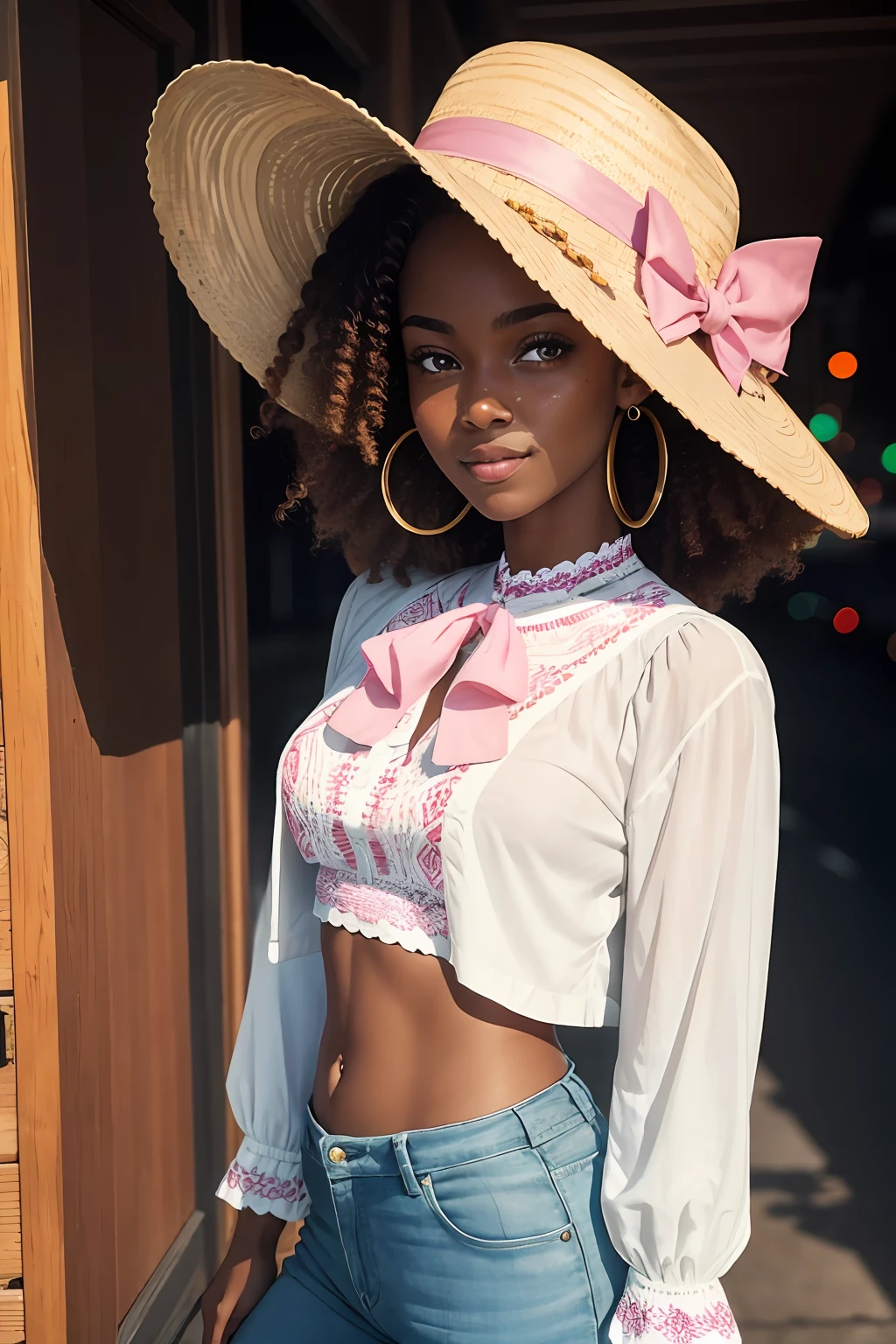 ung female , smile, dark skin tone, afro hair, a pair of sparkly bell-bottoms, a white blouse, and a funky pink cowboy hat , yellow and cyan tone, 1970s, huge ear ring, Bell-bottoms, flares, disco
(35mmstyle:1.1), front, masterpiece, , cinematic lighting, (photorealistic:1.3), high frequency details, 35mm film, (film grain), film noise, kodak proimage 100, depth of field , bokeh,analog style, realistic, award-winning photo,(symmetric highly detailed eyes, fantastic eyes, intricate eyes:1.1), detailed background, full body, wide angle, beautiful 20 year old girl, African American, dark skin, skinny, ribbon braid, flat chest, tiktok, instagram